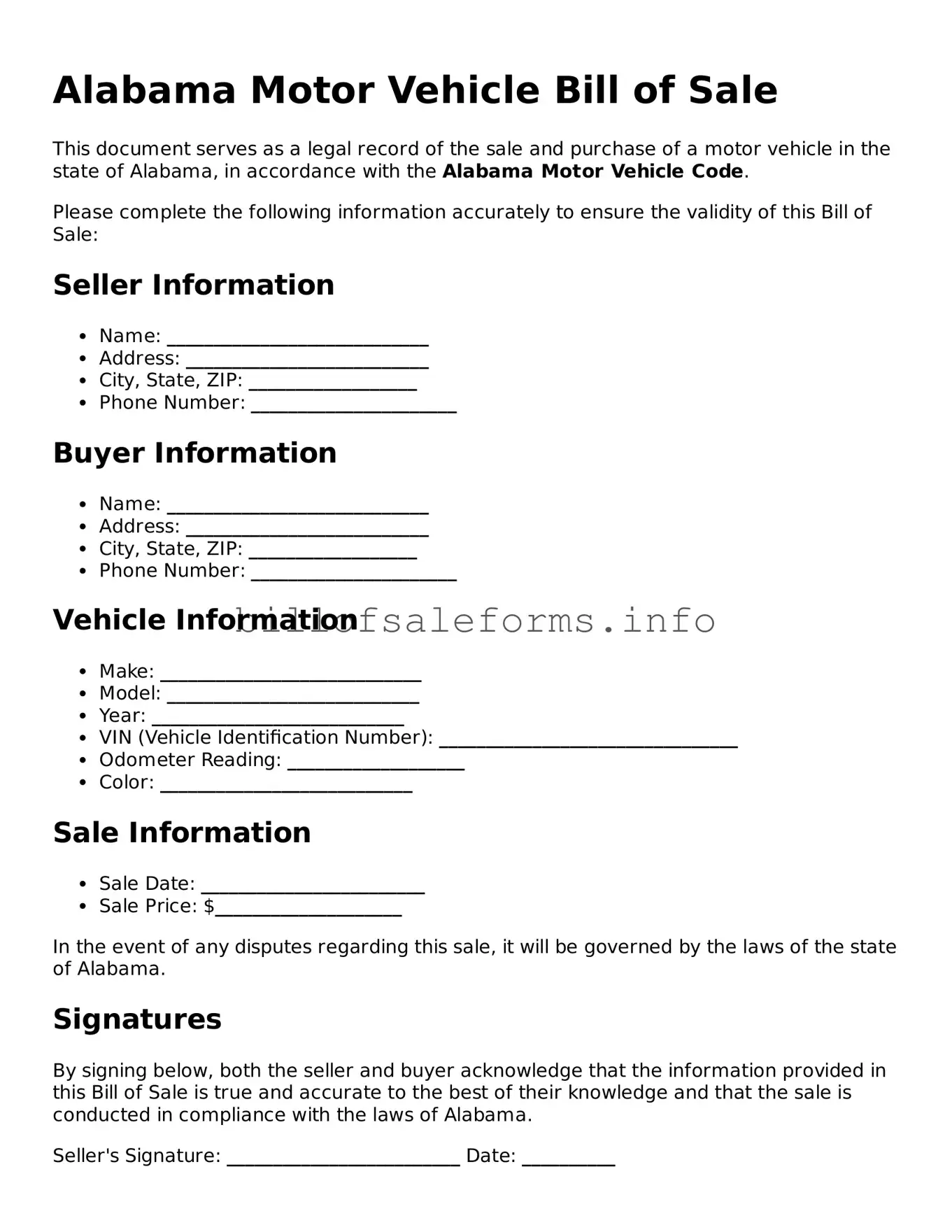Legal Motor Vehicle Bill of Sale Form for Alabama State