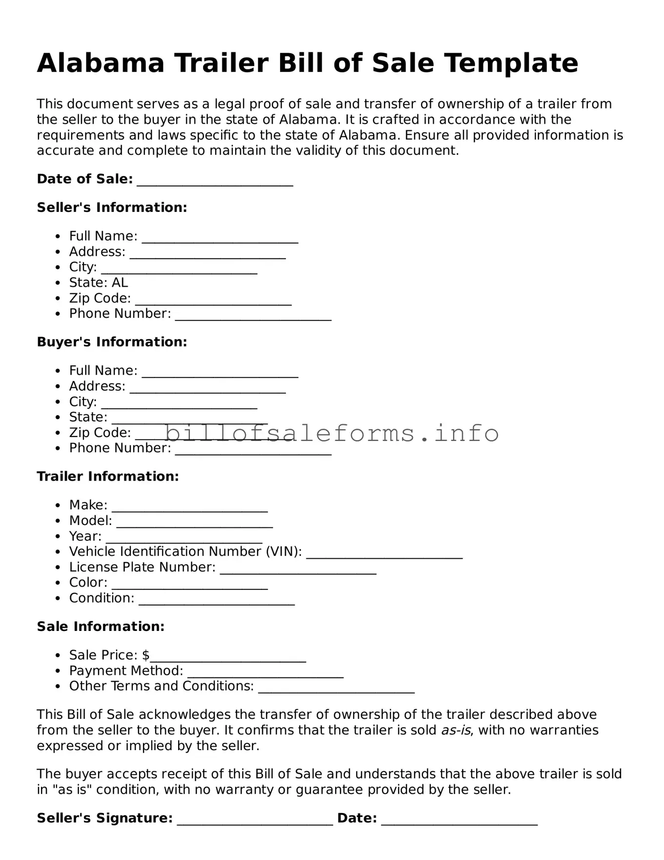 Legal Trailer Bill of Sale Form for Alabama State