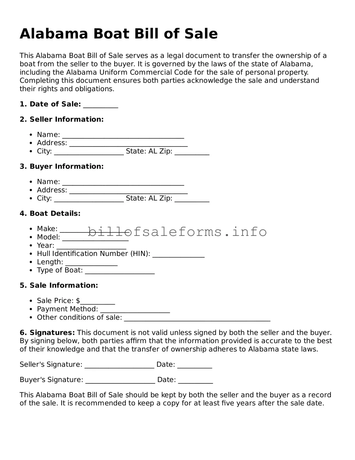 Legal Boat Bill of Sale Form for Alabama State