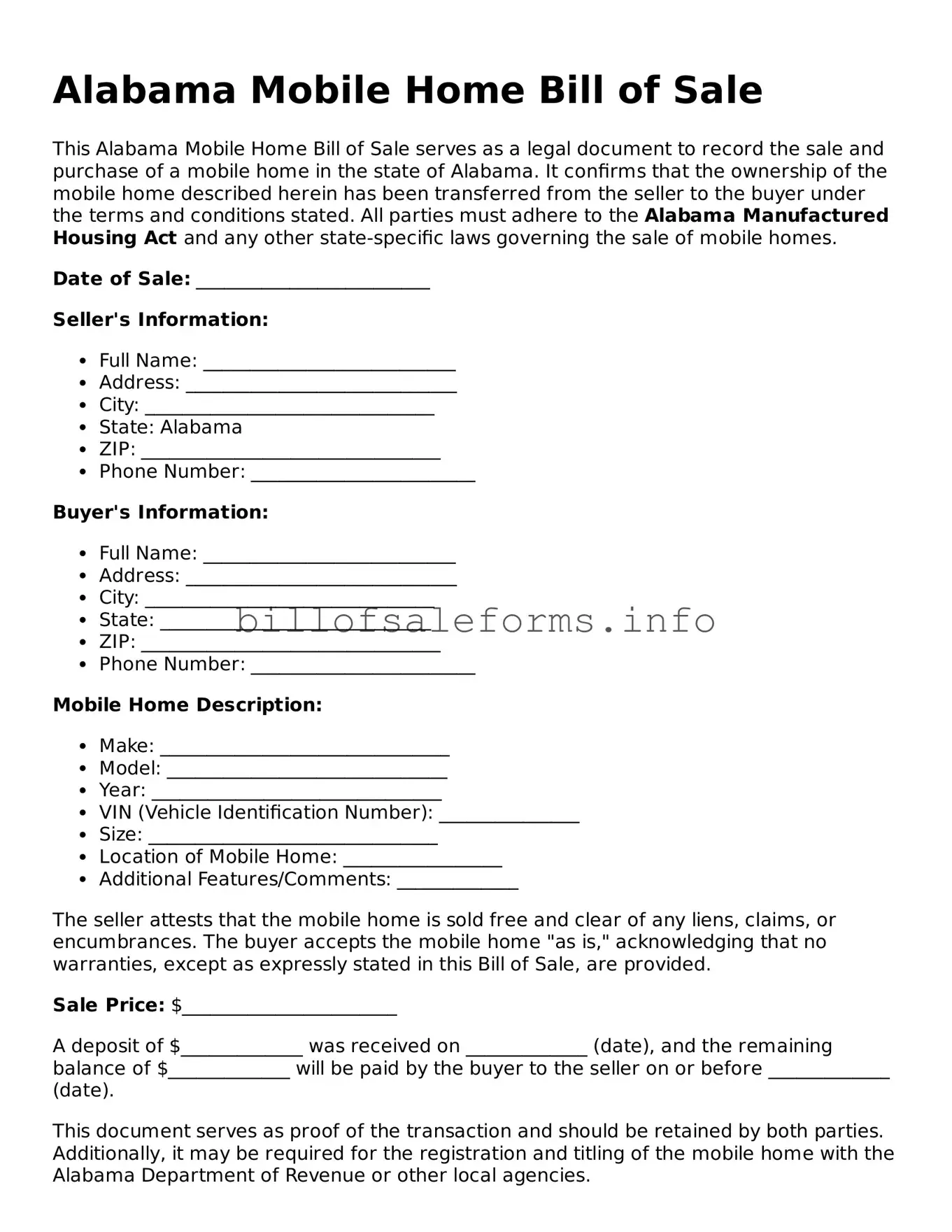Legal Mobile Home Bill of Sale Form for Alabama State