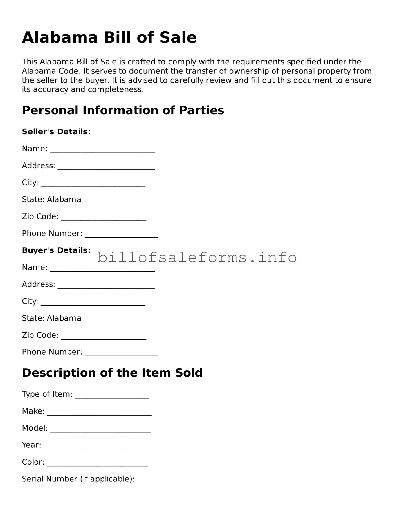 Legal Bill of Sale Form for Alabama State