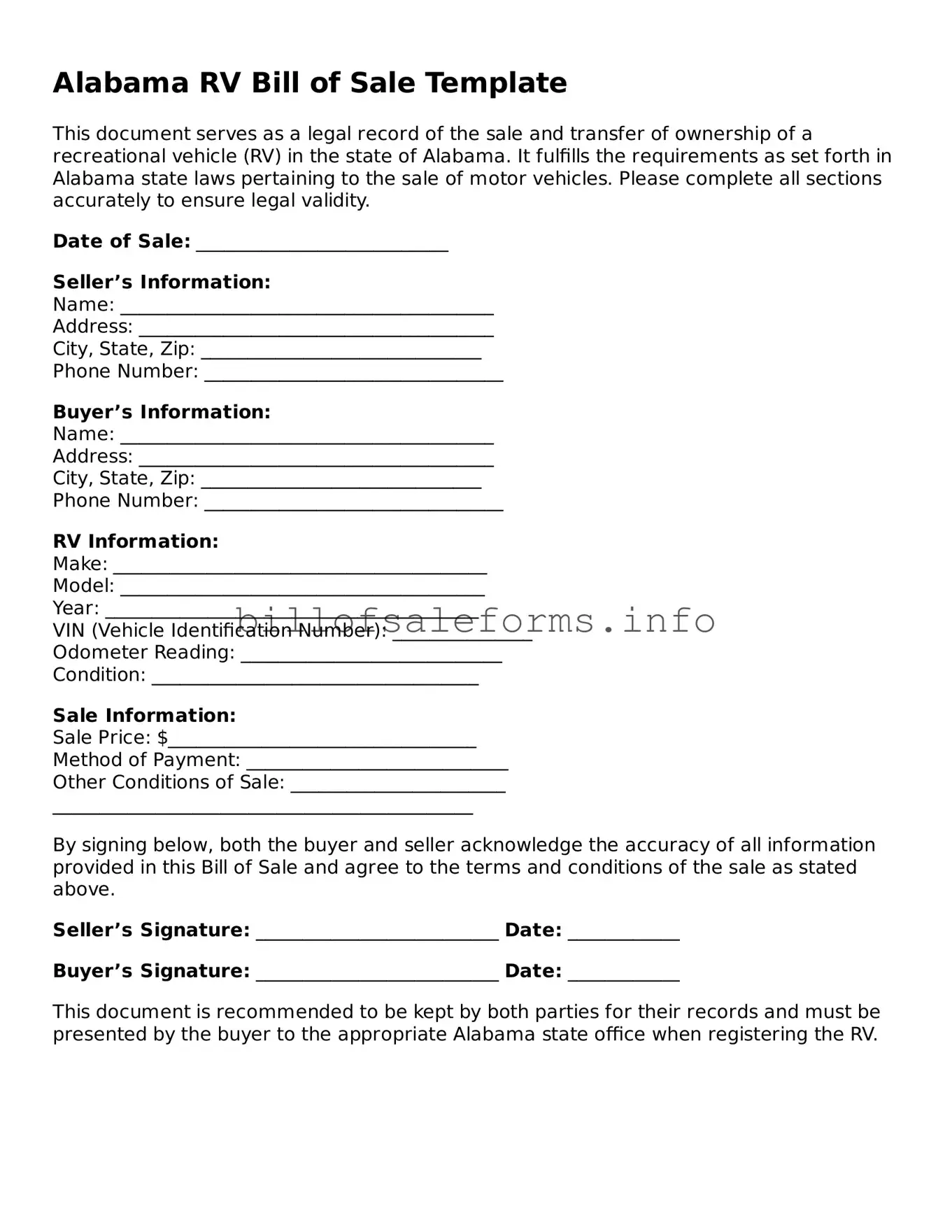 Legal RV Bill of Sale Form for Alabama State