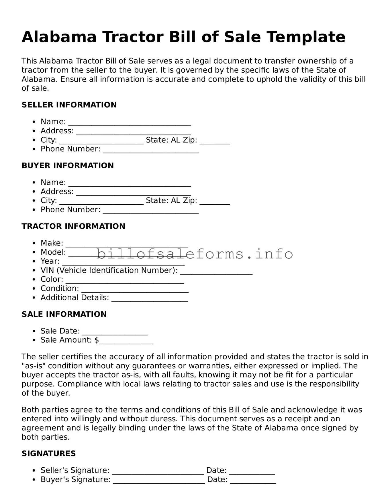 Legal Tractor Bill of Sale Form for Alabama State