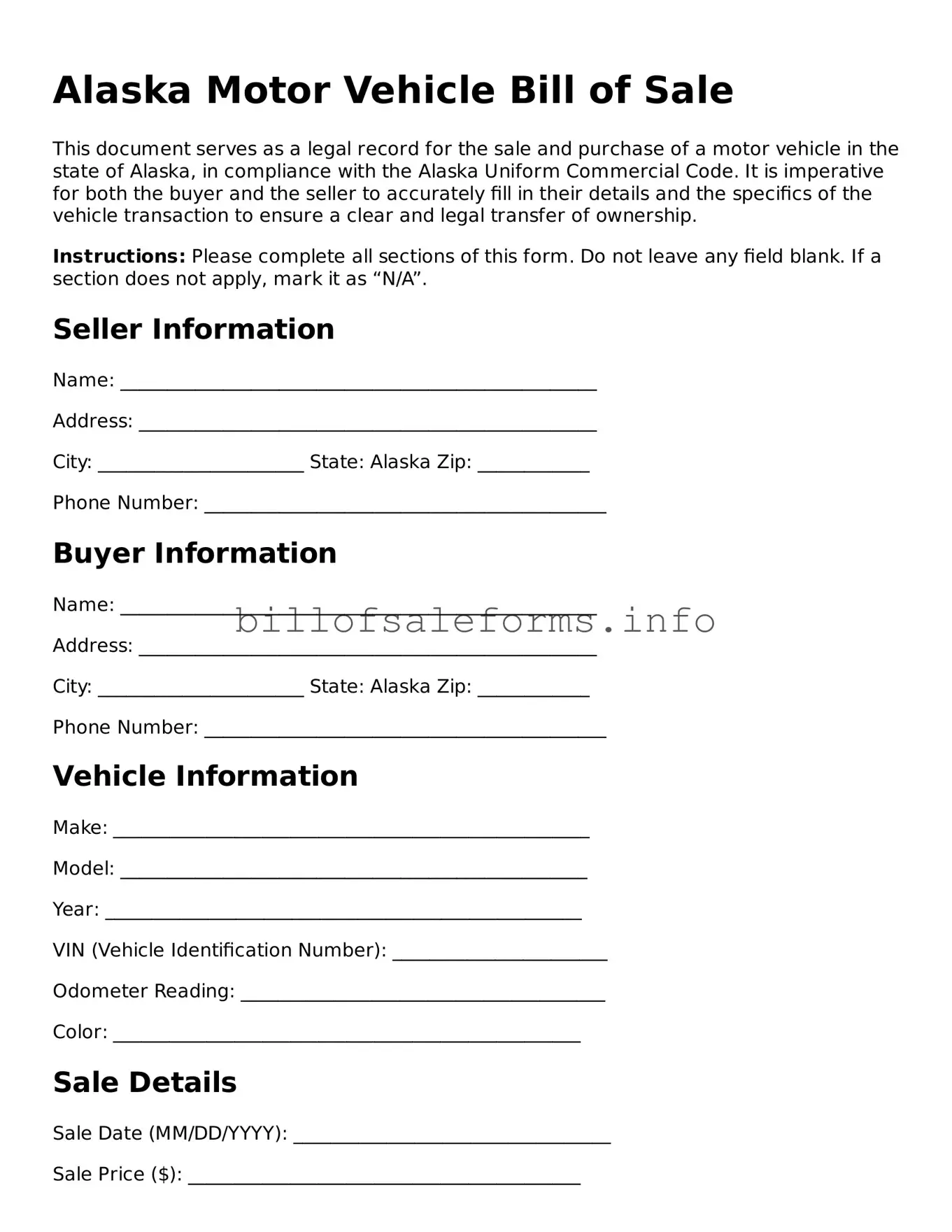 Legal Motor Vehicle Bill of Sale Form for Alaska State