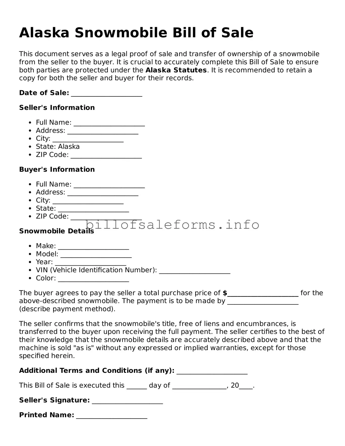 Legal Snowmobile Bill of Sale Form for Alaska State