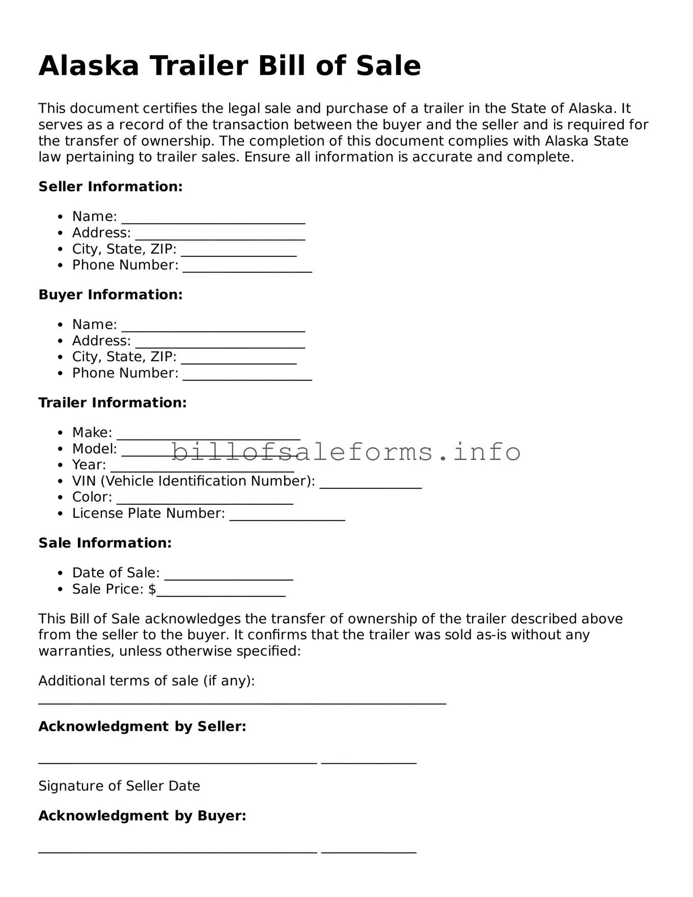 Legal Trailer Bill of Sale Form for Alaska State