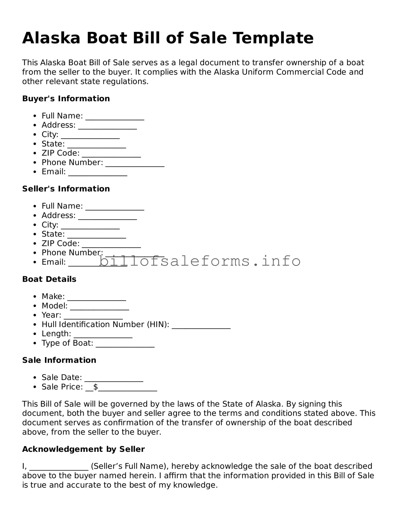 Legal Boat Bill of Sale Form for Alaska State