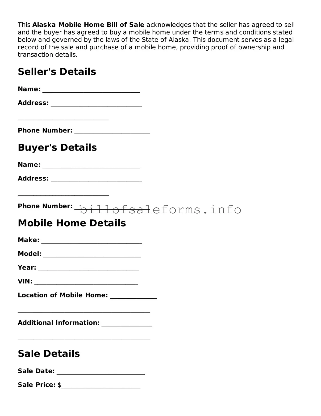 Legal Mobile Home Bill of Sale Form for Alaska State
