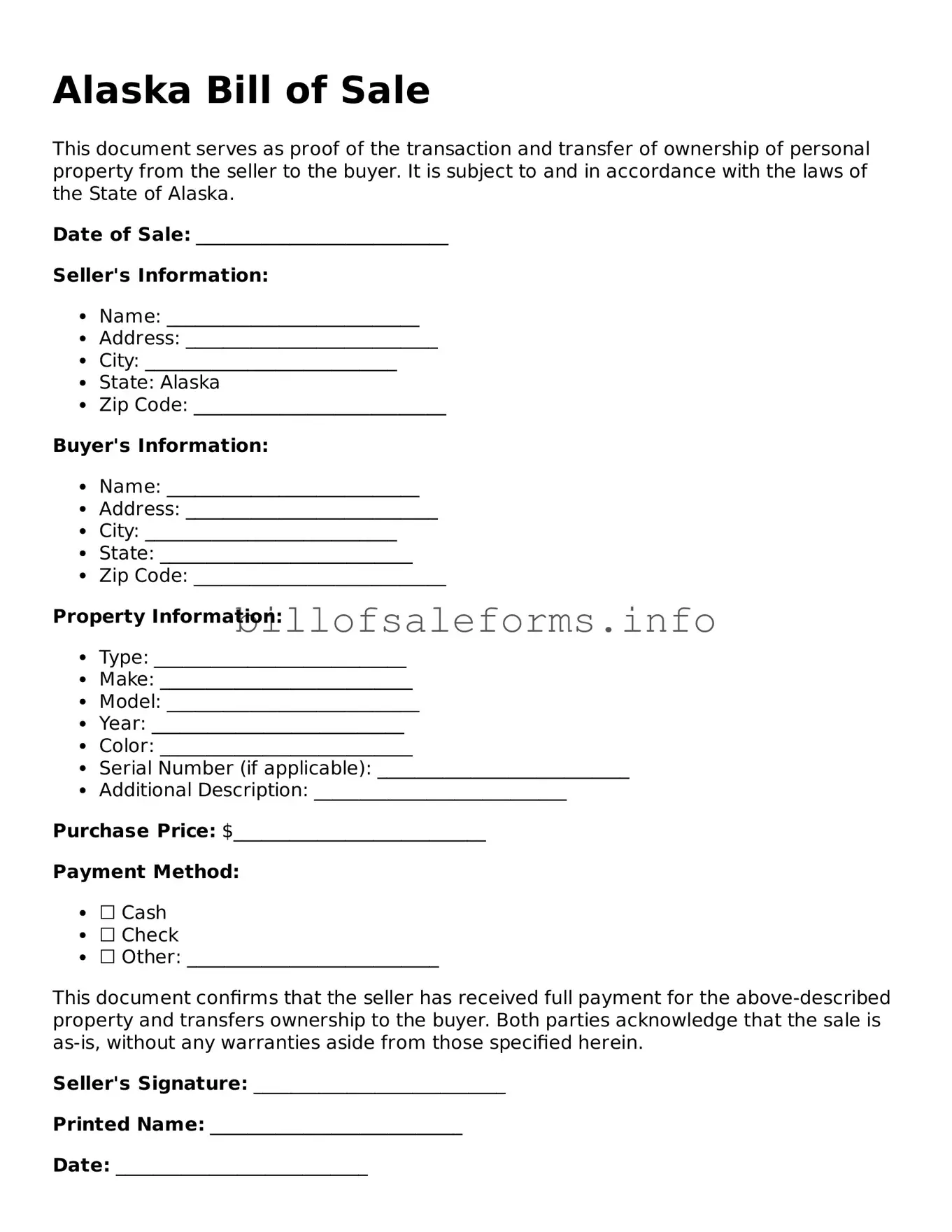 Legal Bill of Sale Form for Alaska State