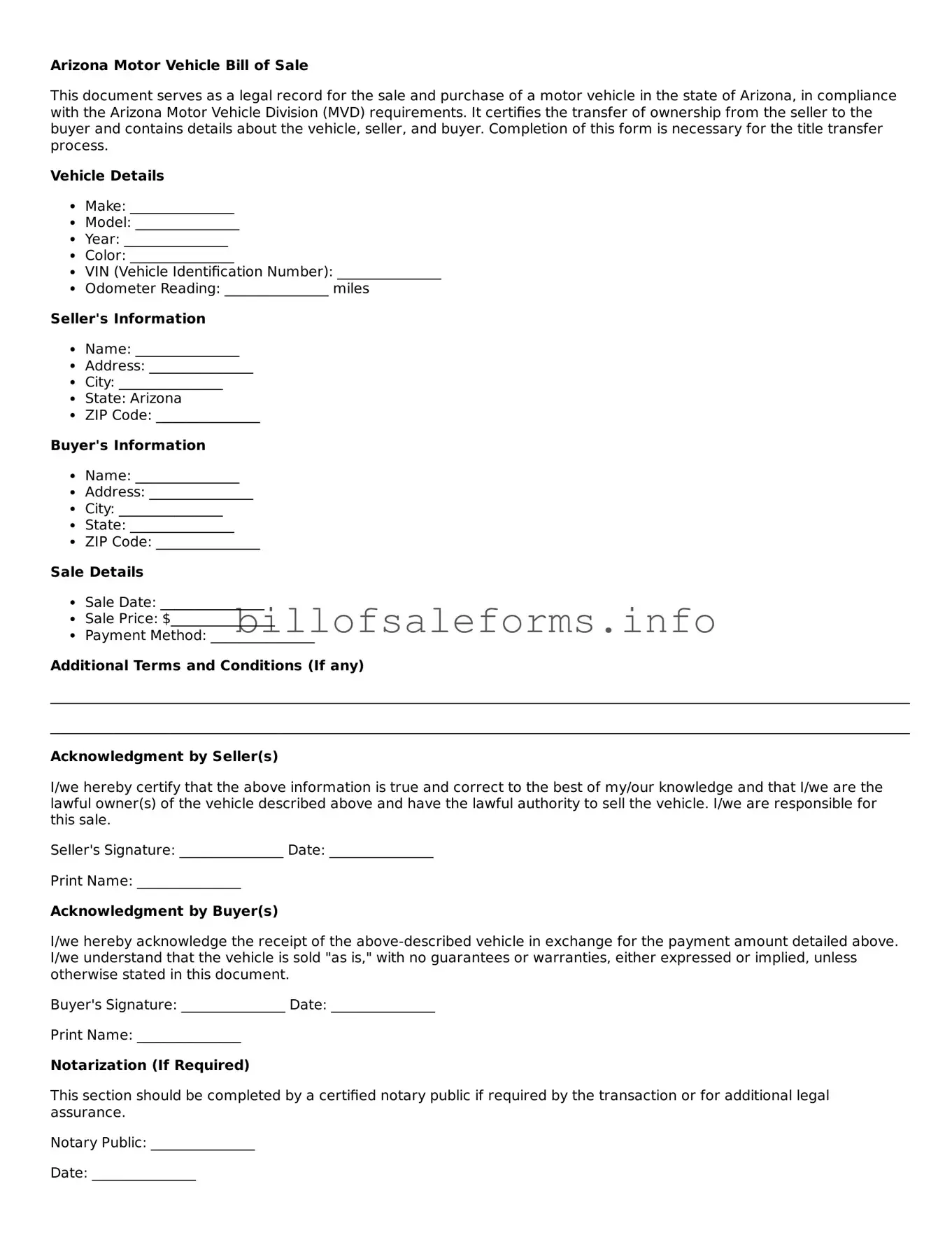 Legal Motor Vehicle Bill of Sale Form for Arizona State
