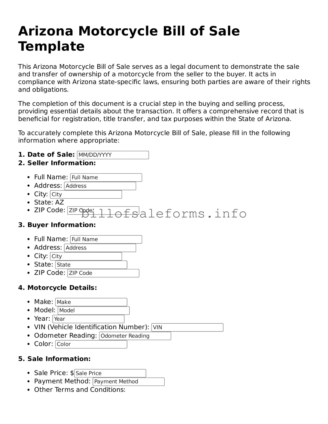 Legal Motorcycle Bill of Sale Form for Arizona State