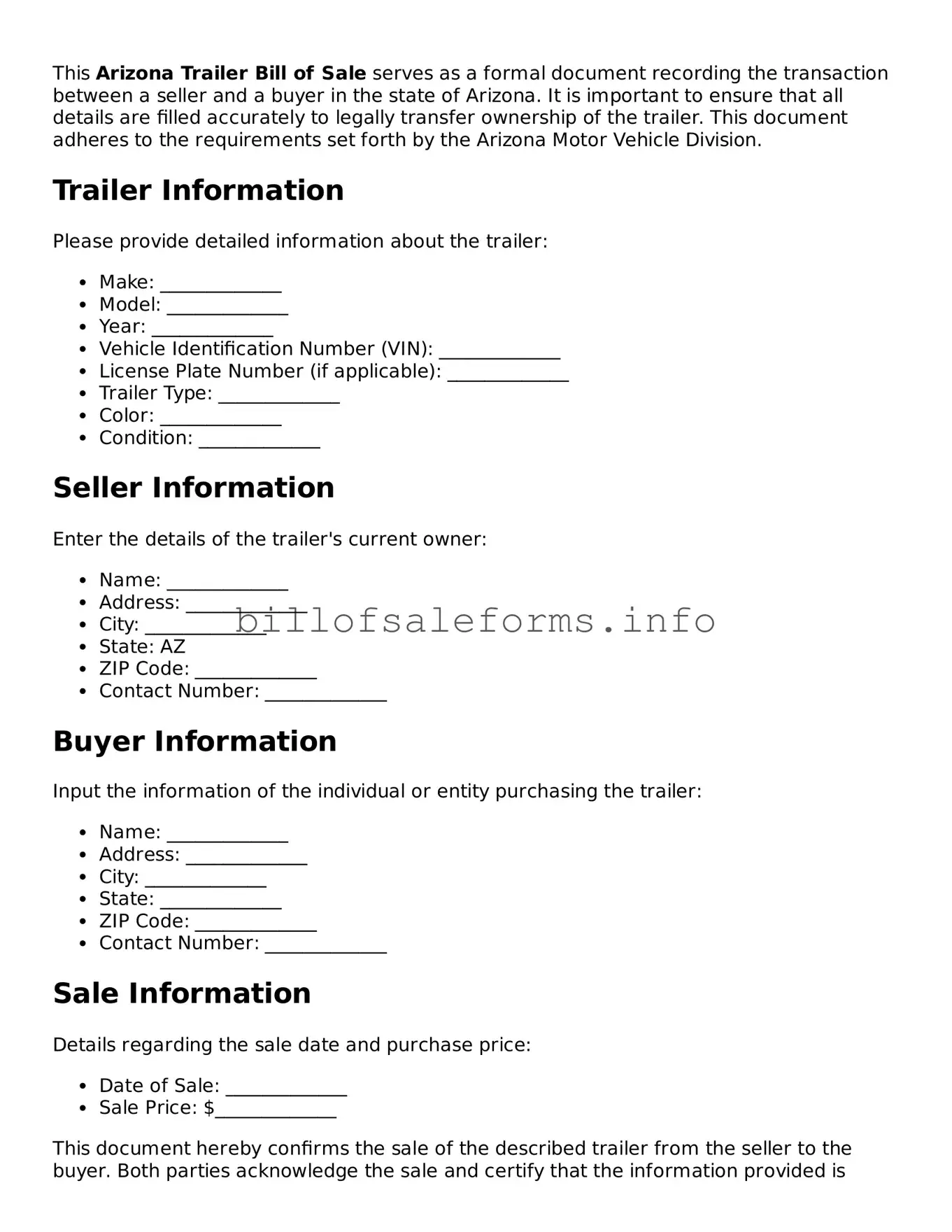 Legal Trailer Bill of Sale Form for Arizona State