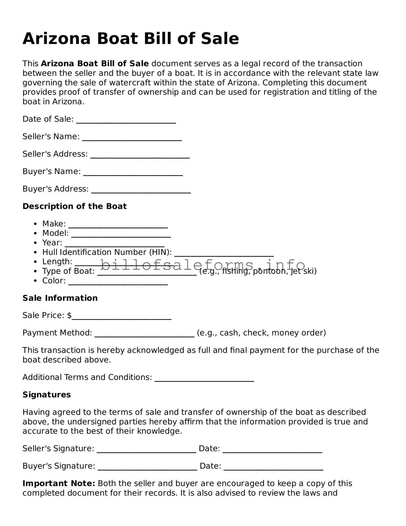 Legal Boat Bill of Sale Form for Arizona State
