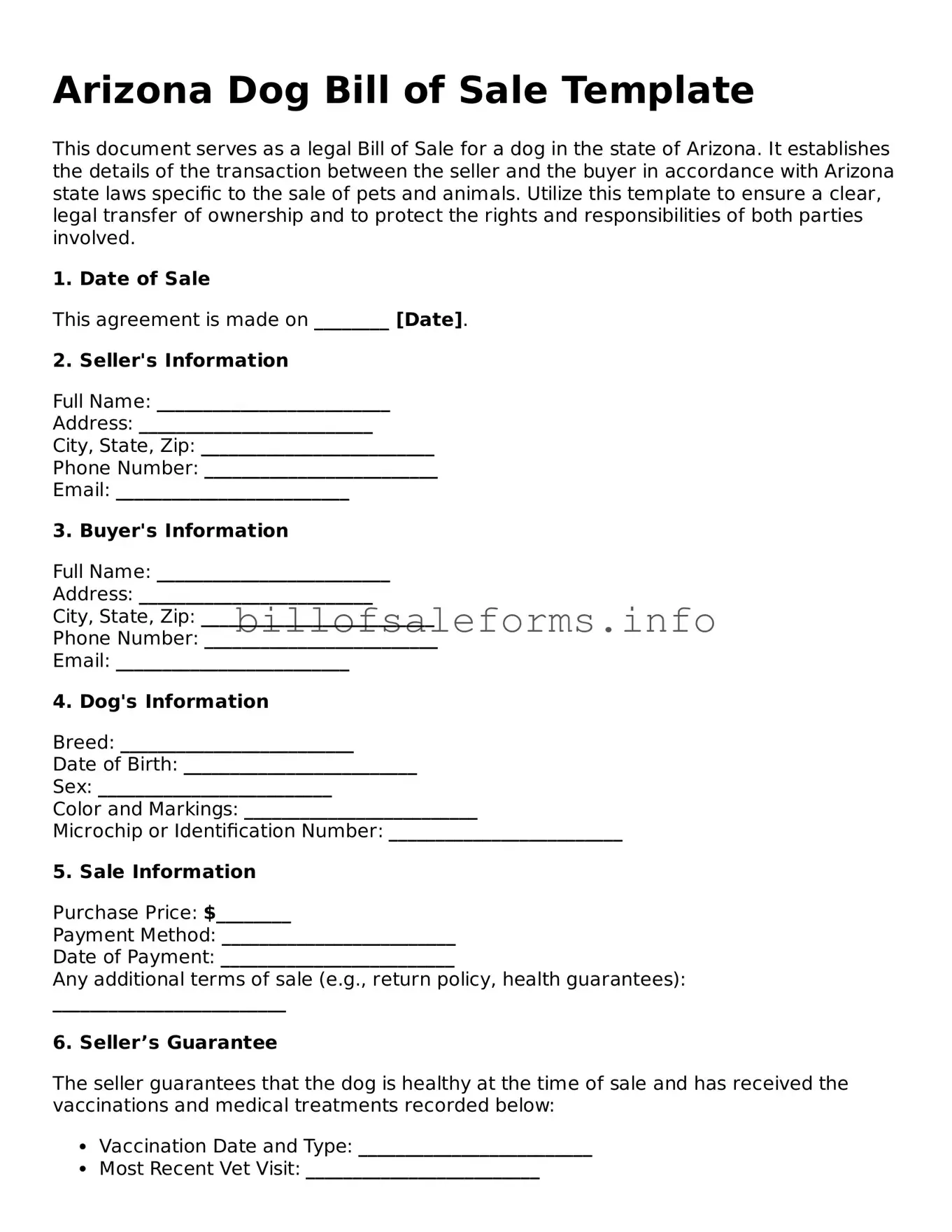 Legal Dog Bill of Sale Form for Arizona State