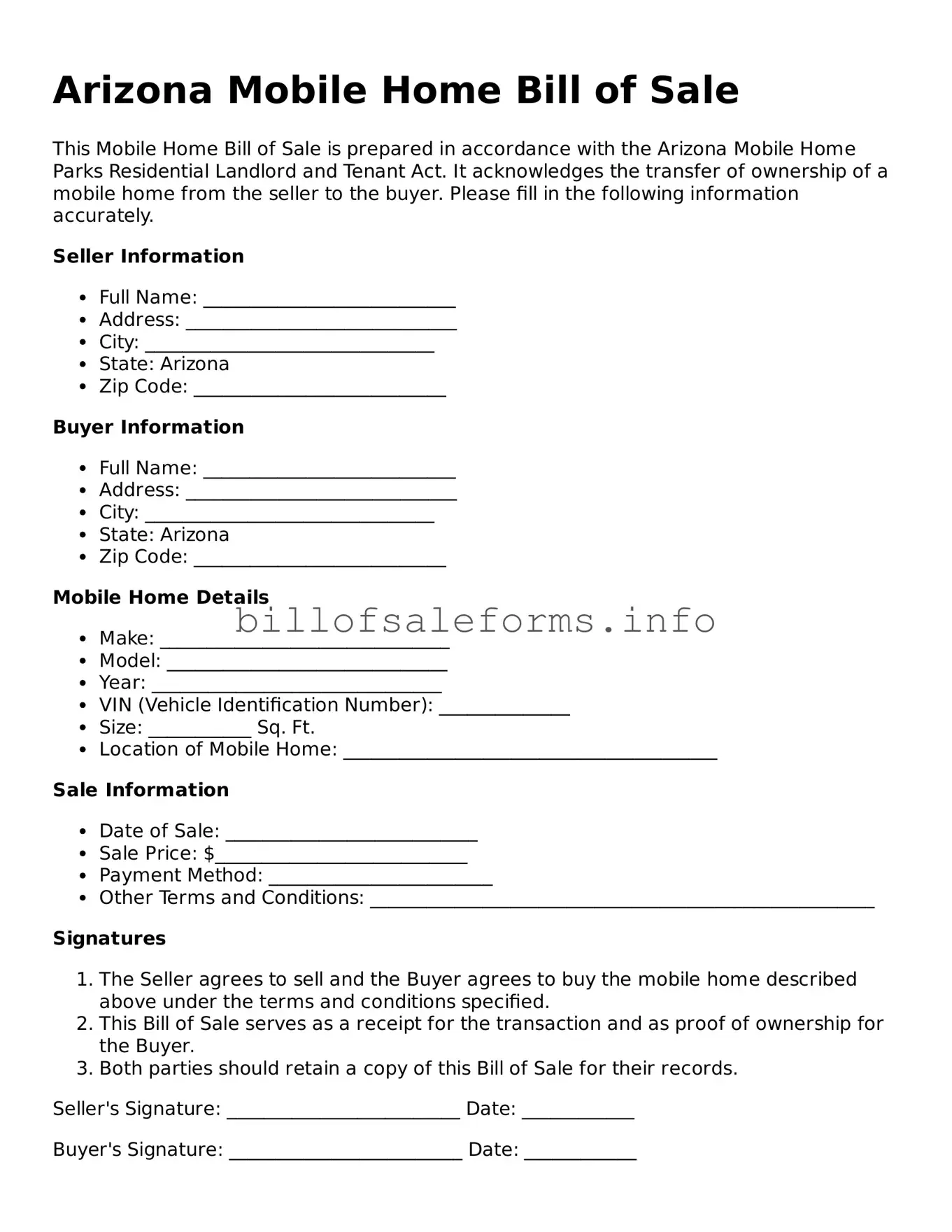 Legal Mobile Home Bill of Sale Form for Arizona State