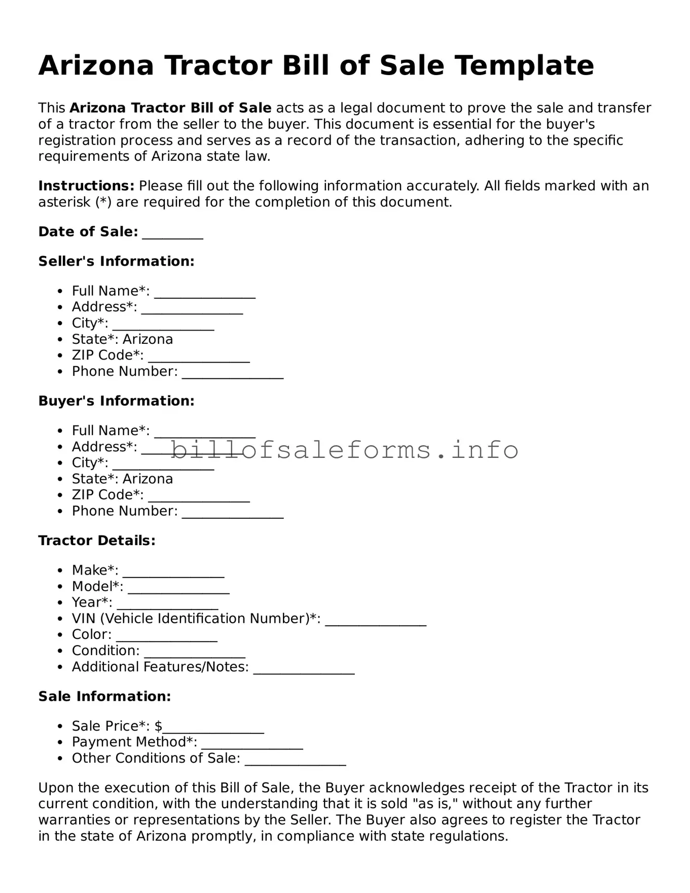Legal Tractor Bill of Sale Form for Arizona State