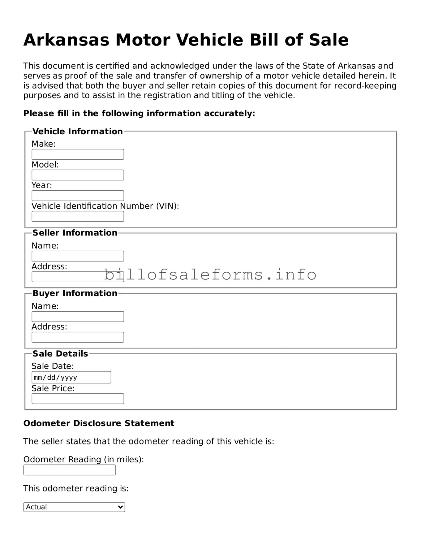 Legal Motor Vehicle Bill of Sale Form for Arkansas State