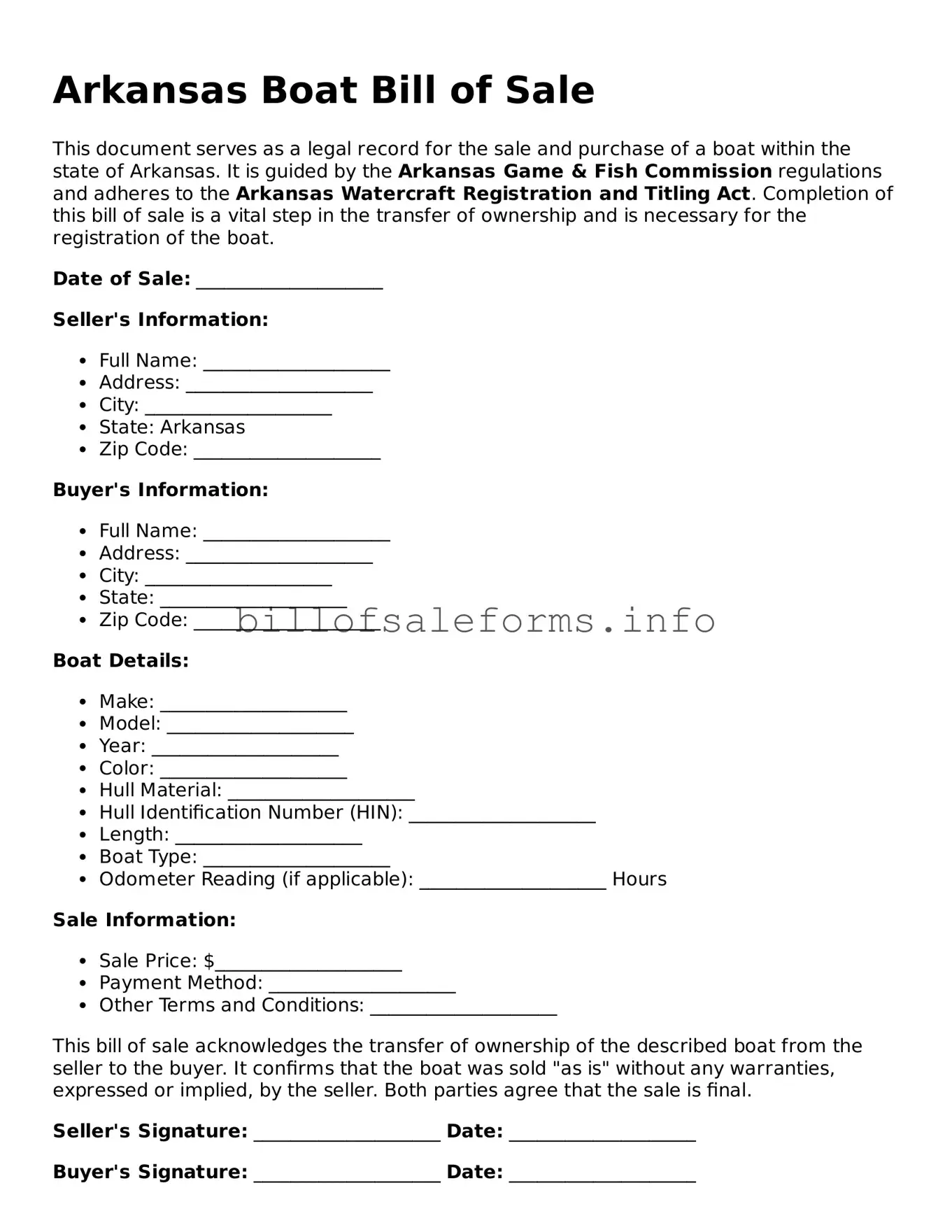Legal Boat Bill of Sale Form for Arkansas State