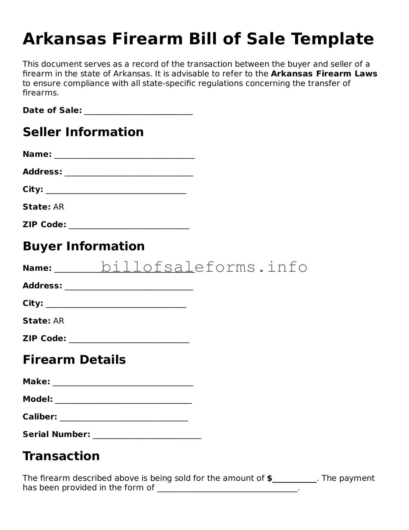 Legal Firearm Bill of Sale Form for Arkansas State