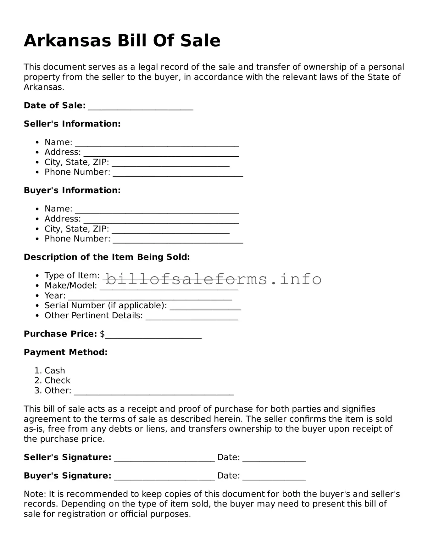 Legal Bill of Sale Form for Arkansas State