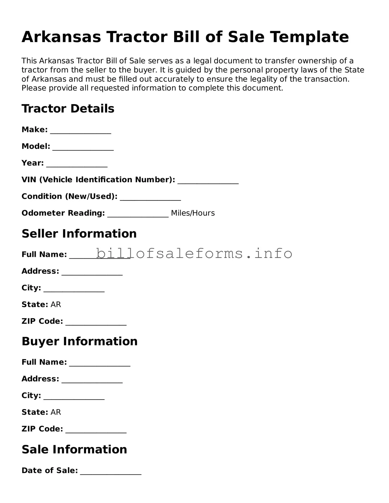 Legal Tractor Bill of Sale Form for Arkansas State