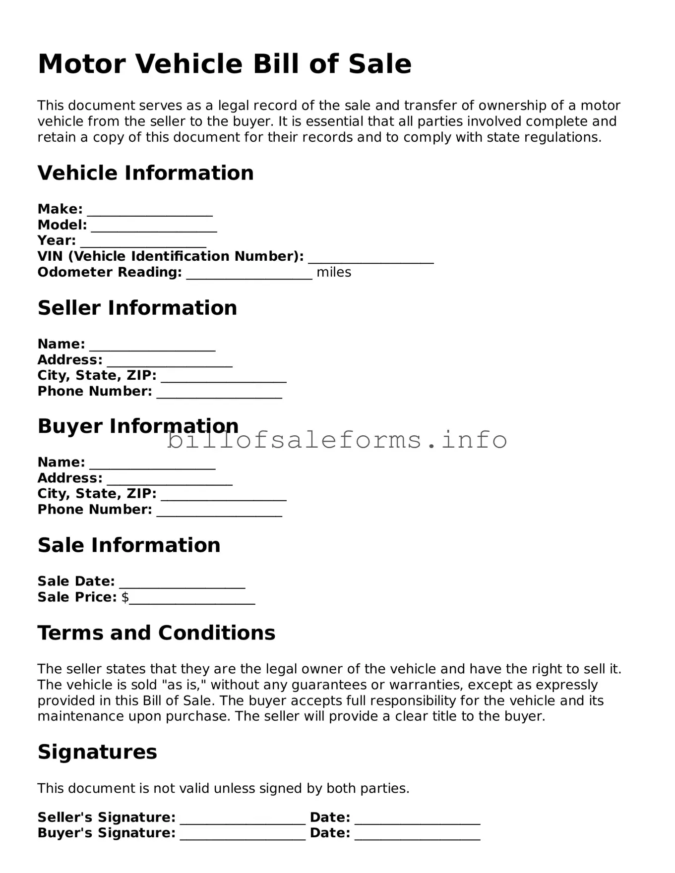Blank Motor Vehicle Bill of Sale Document