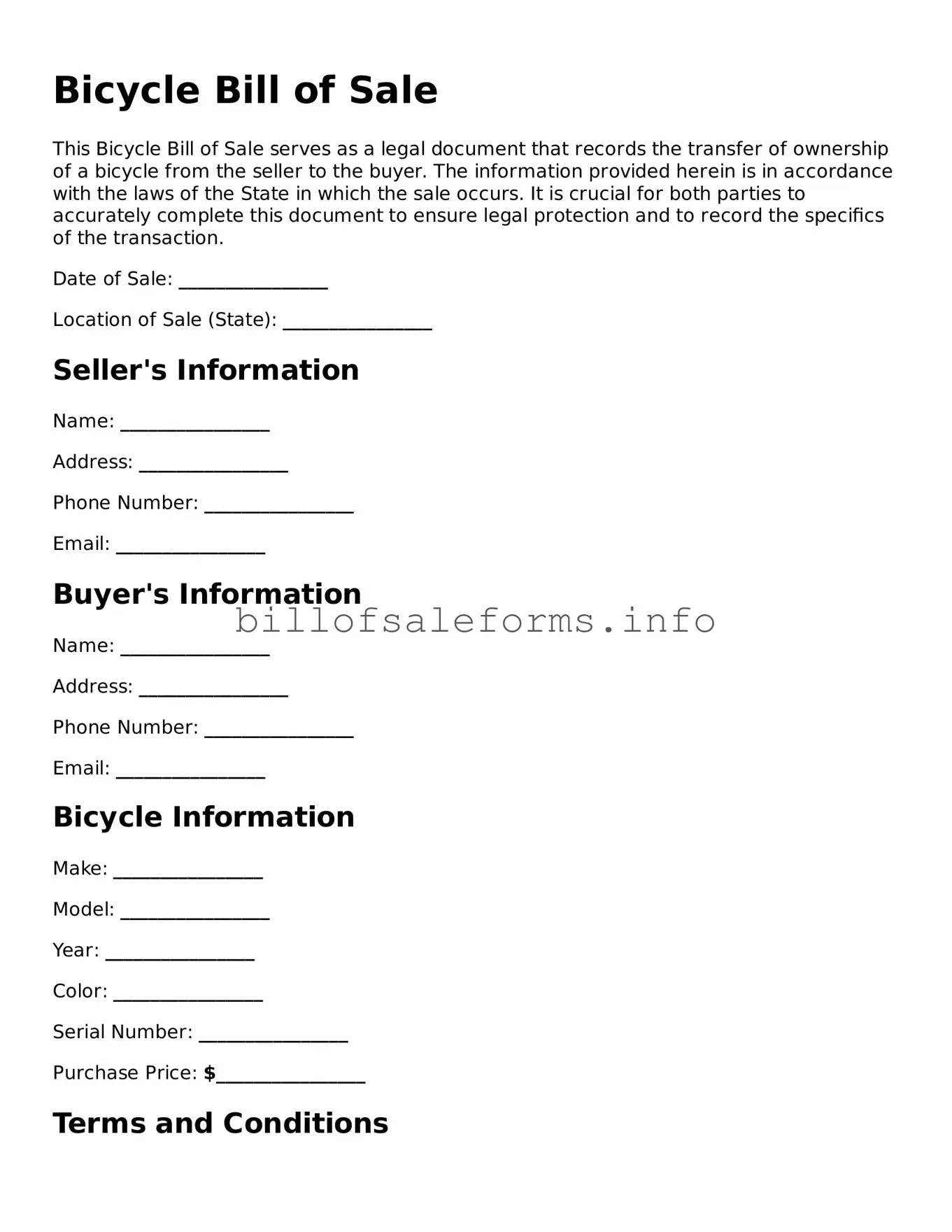 Blank Bicycle Bill of Sale Document