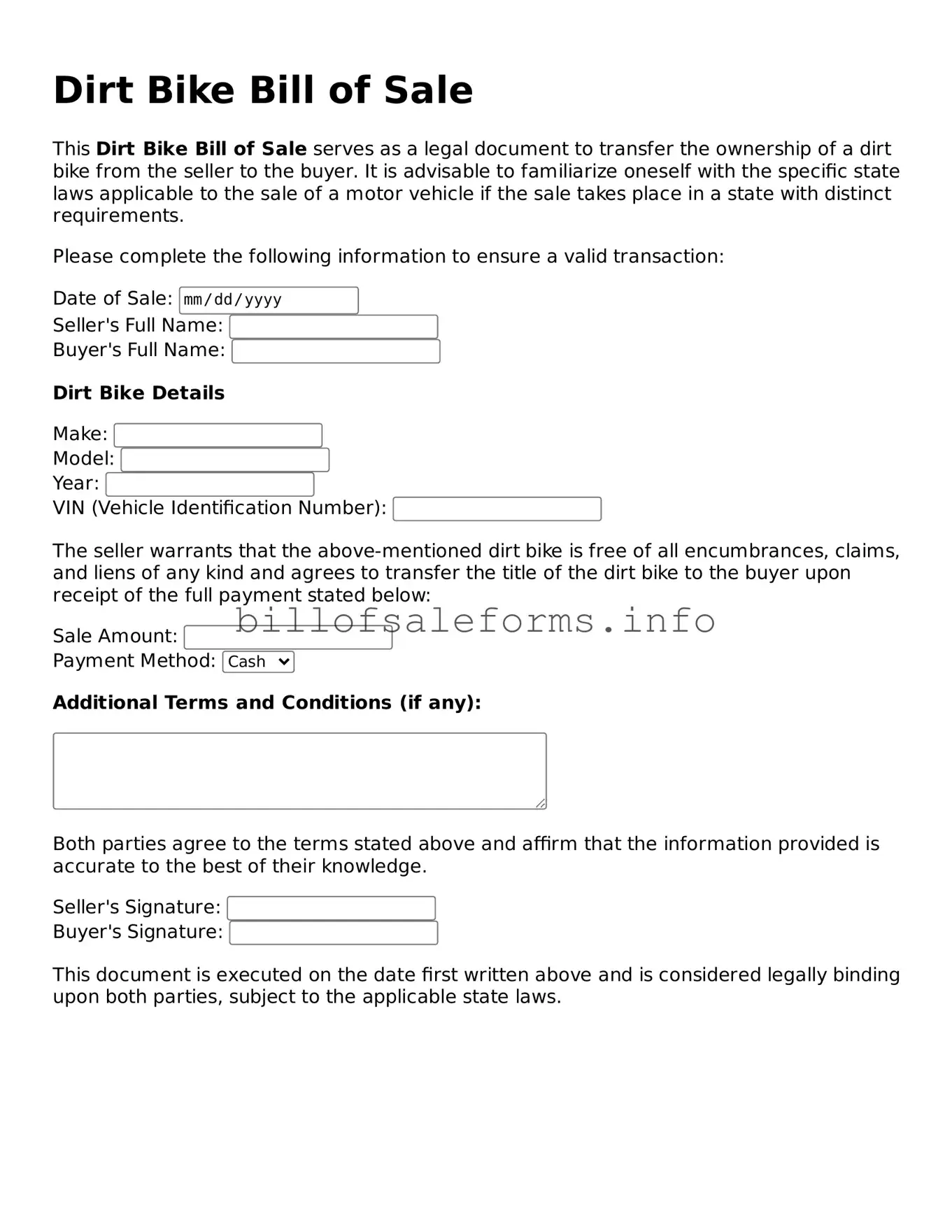 Blank Dirt Bike Bill of Sale Document