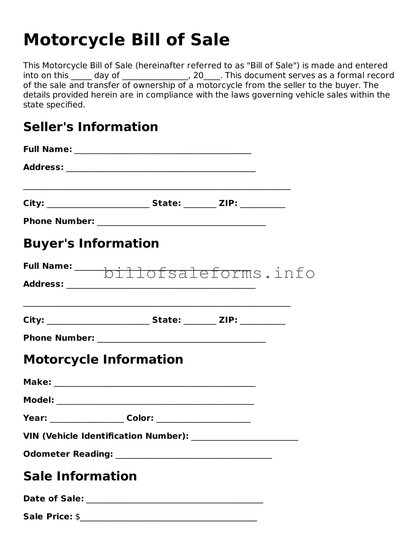 Blank Motorcycle Bill of Sale Document
