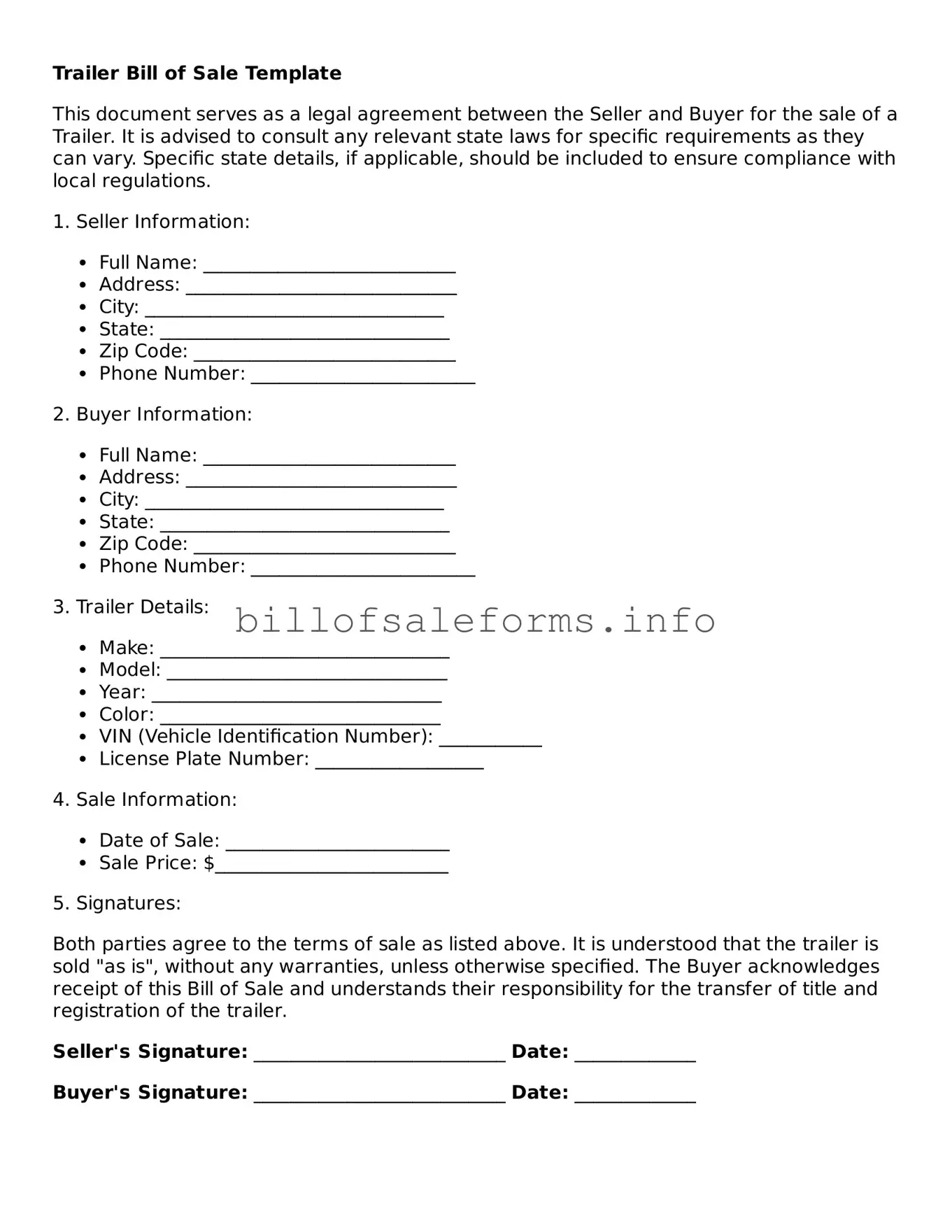 Blank Trailer Bill of Sale Document