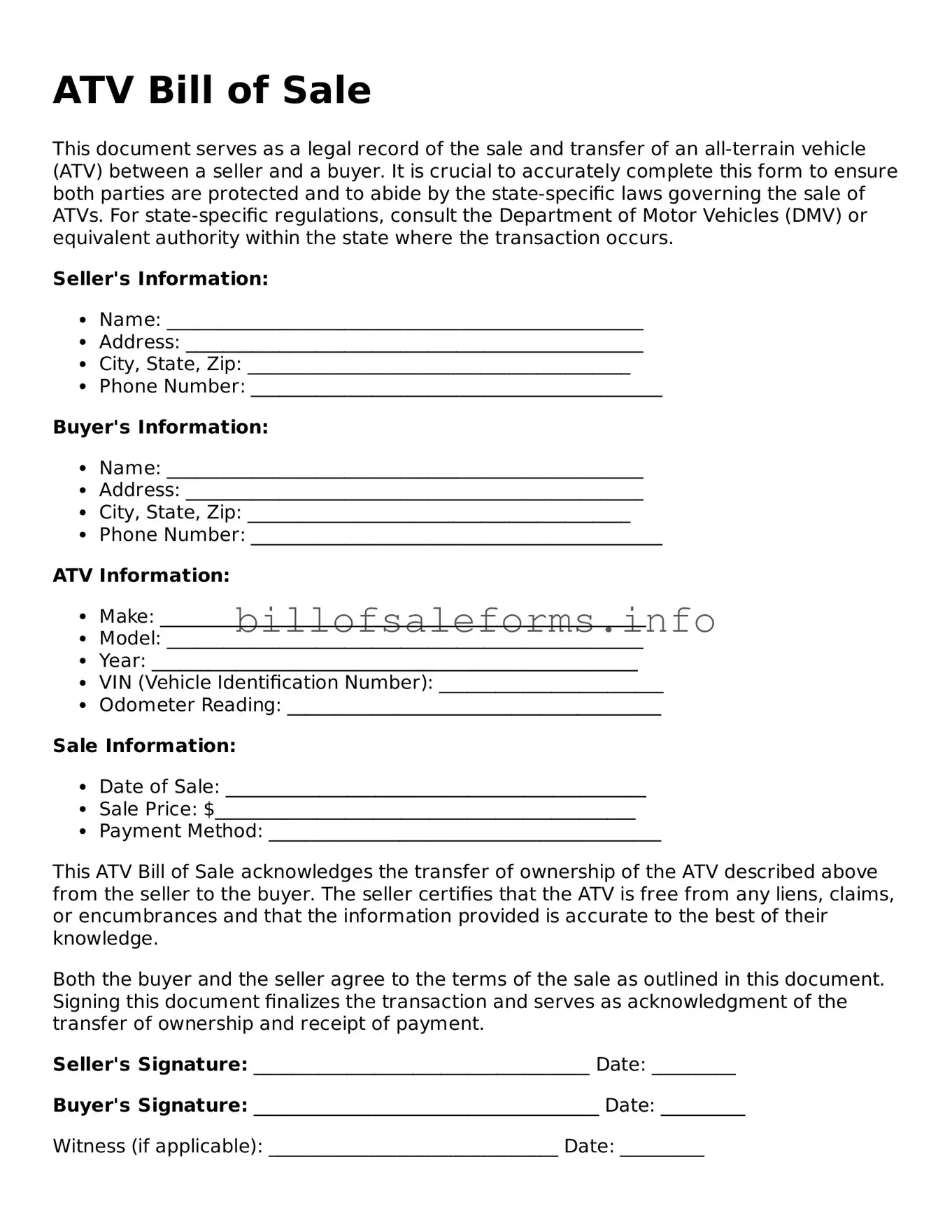 Blank ATV Bill of Sale Document