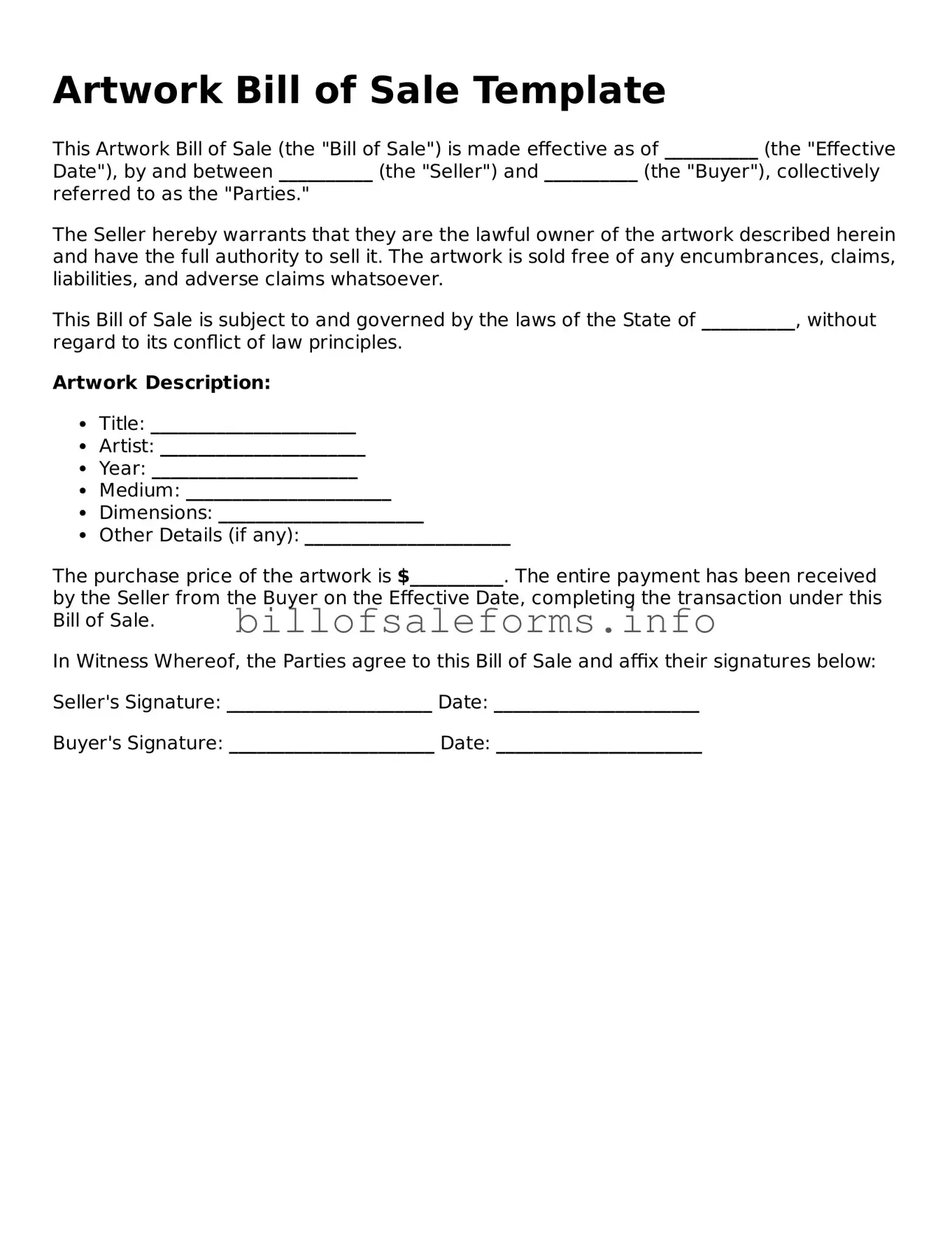 Blank Artwork Bill of Sale Document