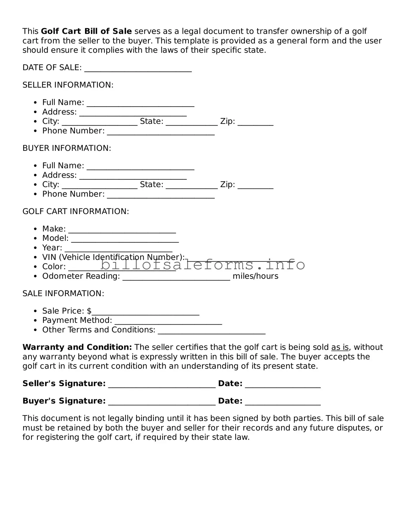 Blank Golf Cart Bill of Sale Document