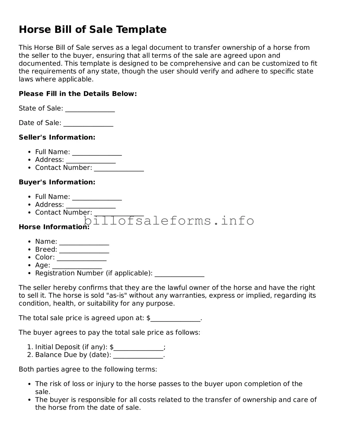 Blank Horse Bill of Sale Document