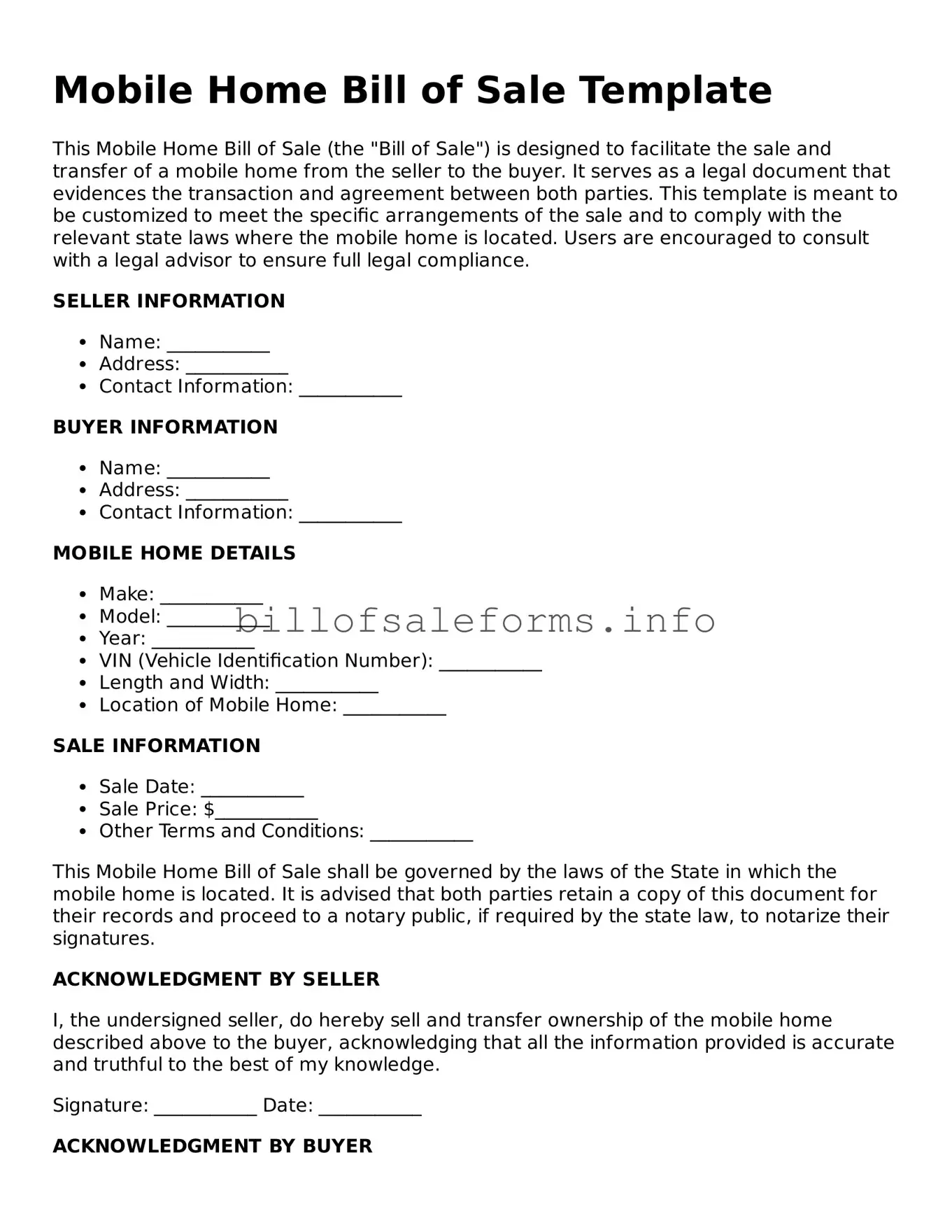 Blank Mobile Home Bill of Sale Document