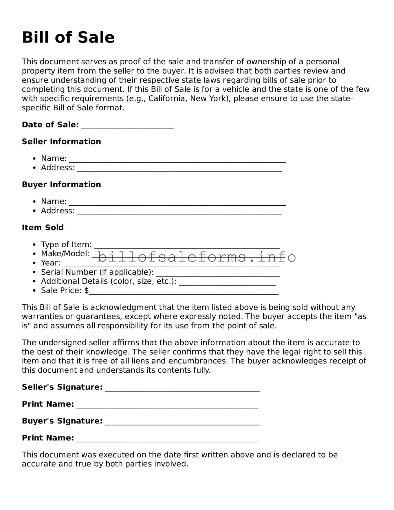 Blank Bill of Sale Document