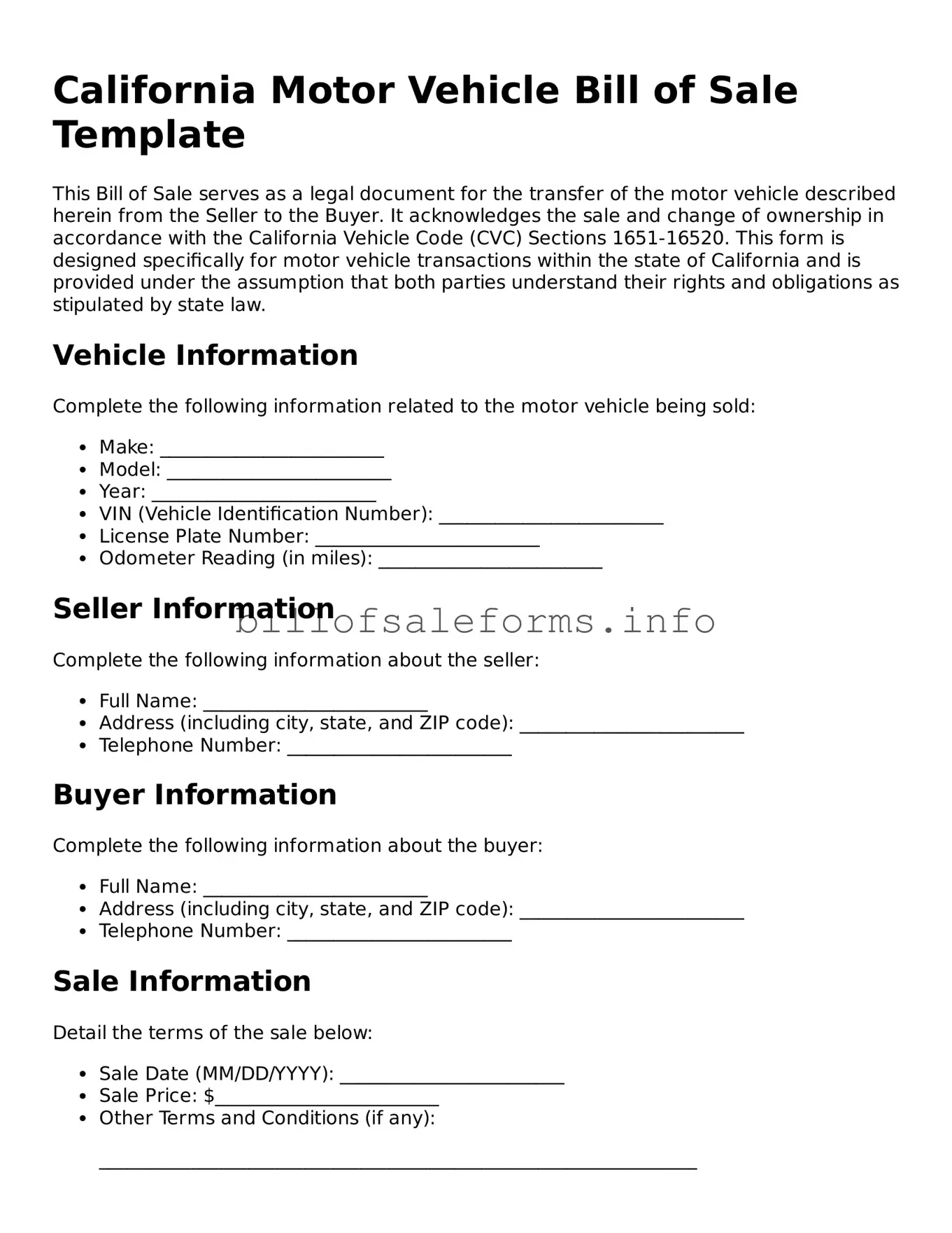 Legal Motor Vehicle Bill of Sale Form for California State