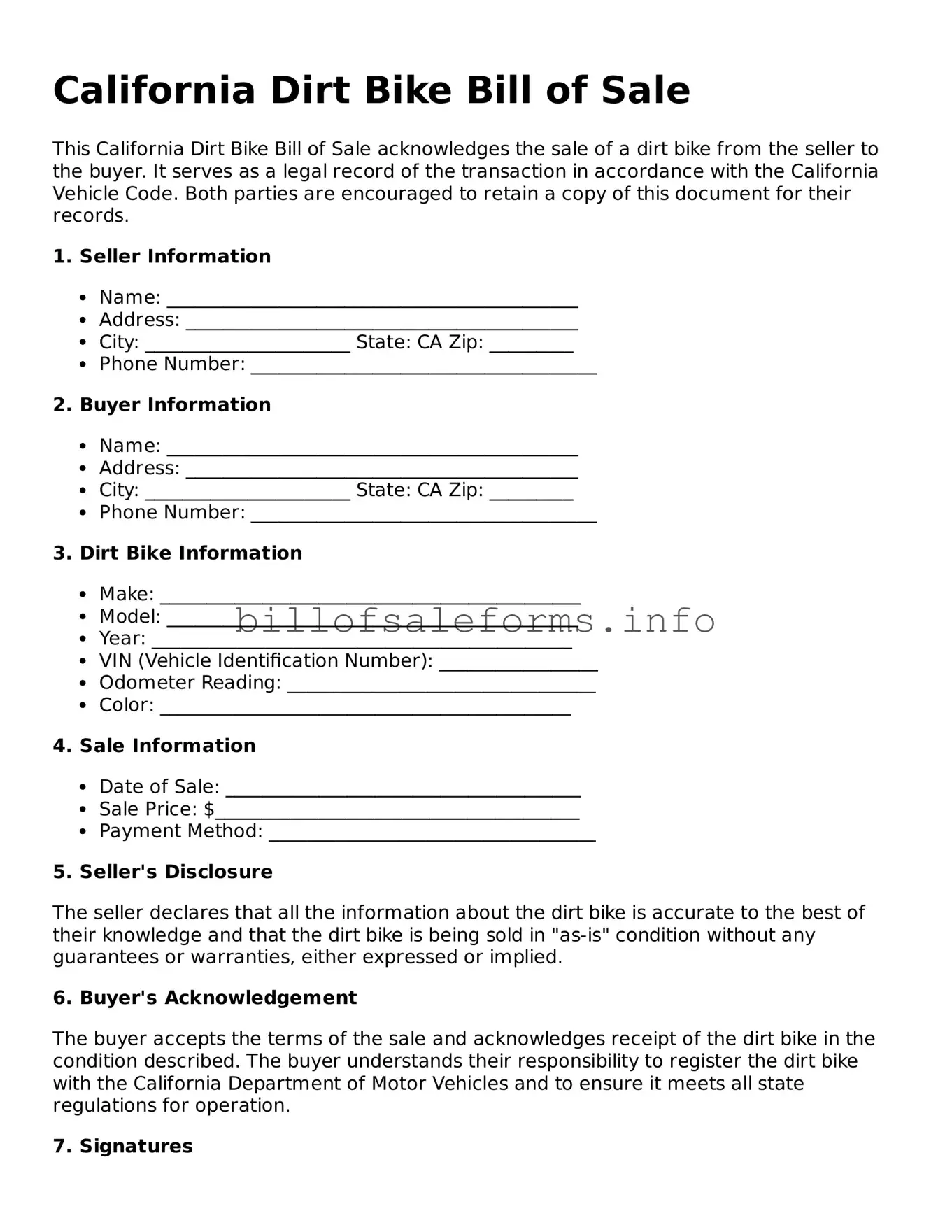 Legal Dirt Bike Bill of Sale Form for California State