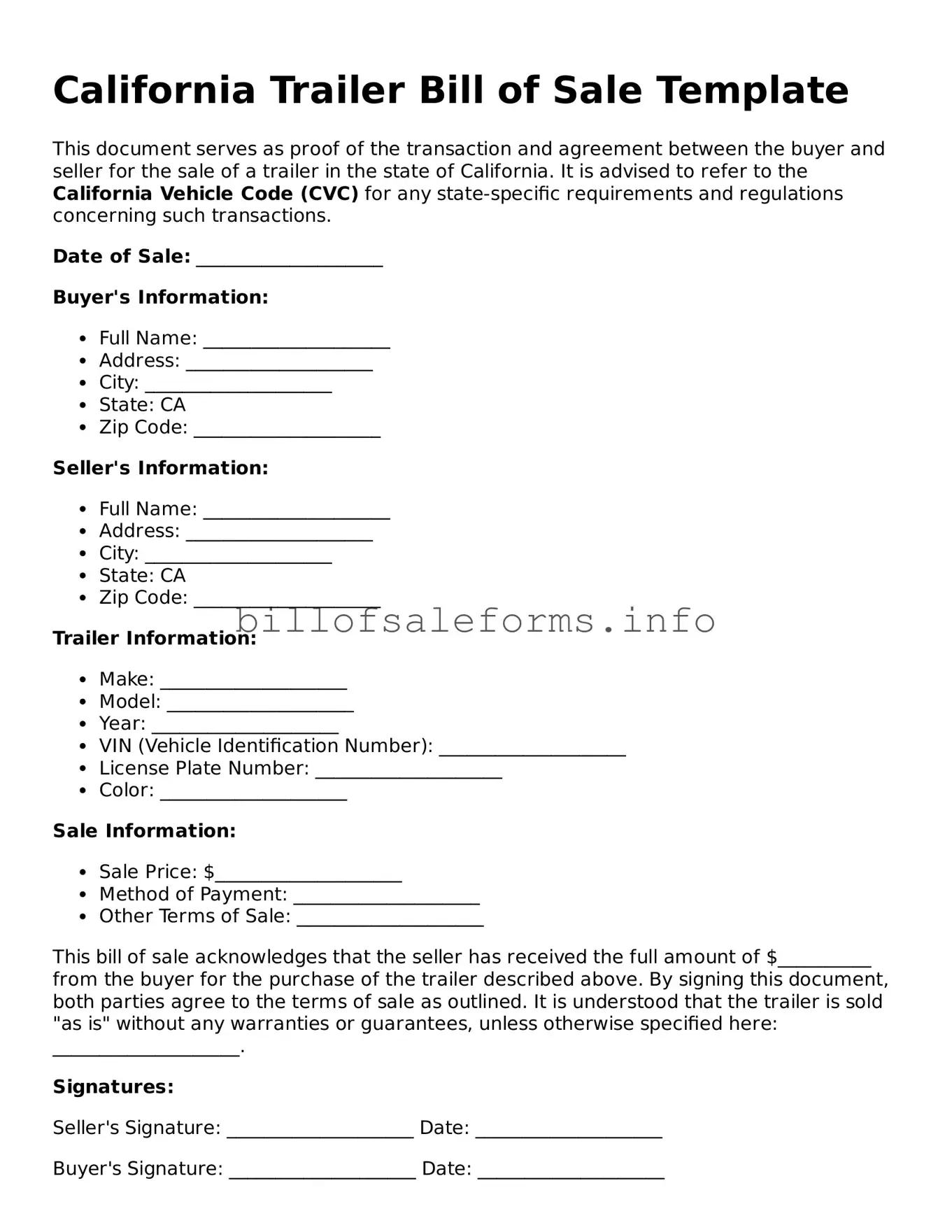 Legal Trailer Bill of Sale Form for California State