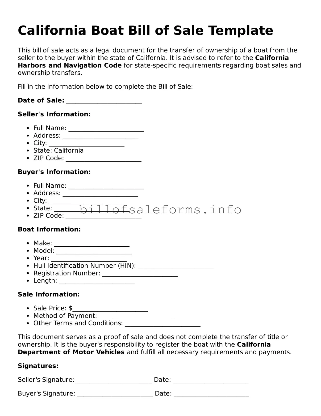 Legal Boat Bill of Sale Form for California State