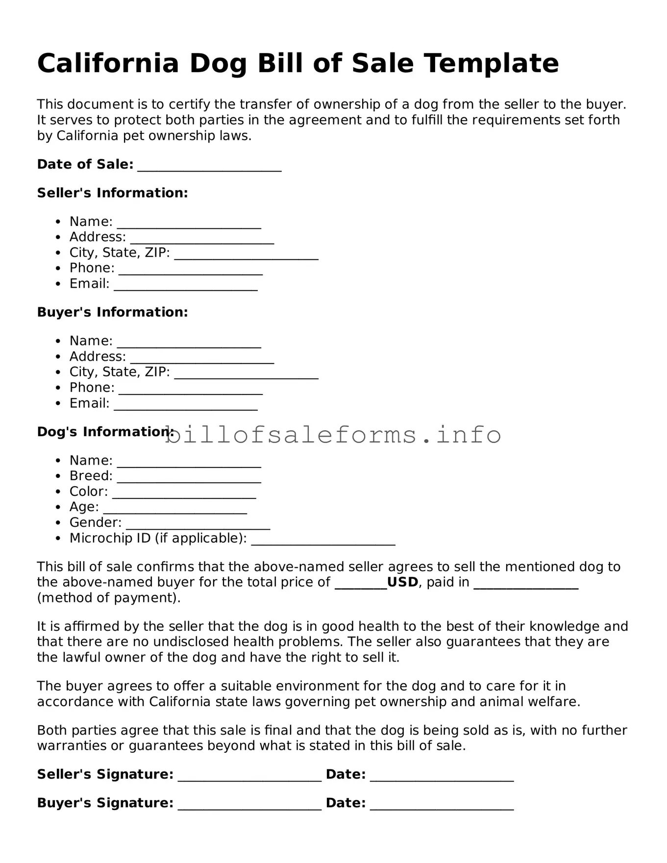Legal Dog Bill of Sale Form for California State