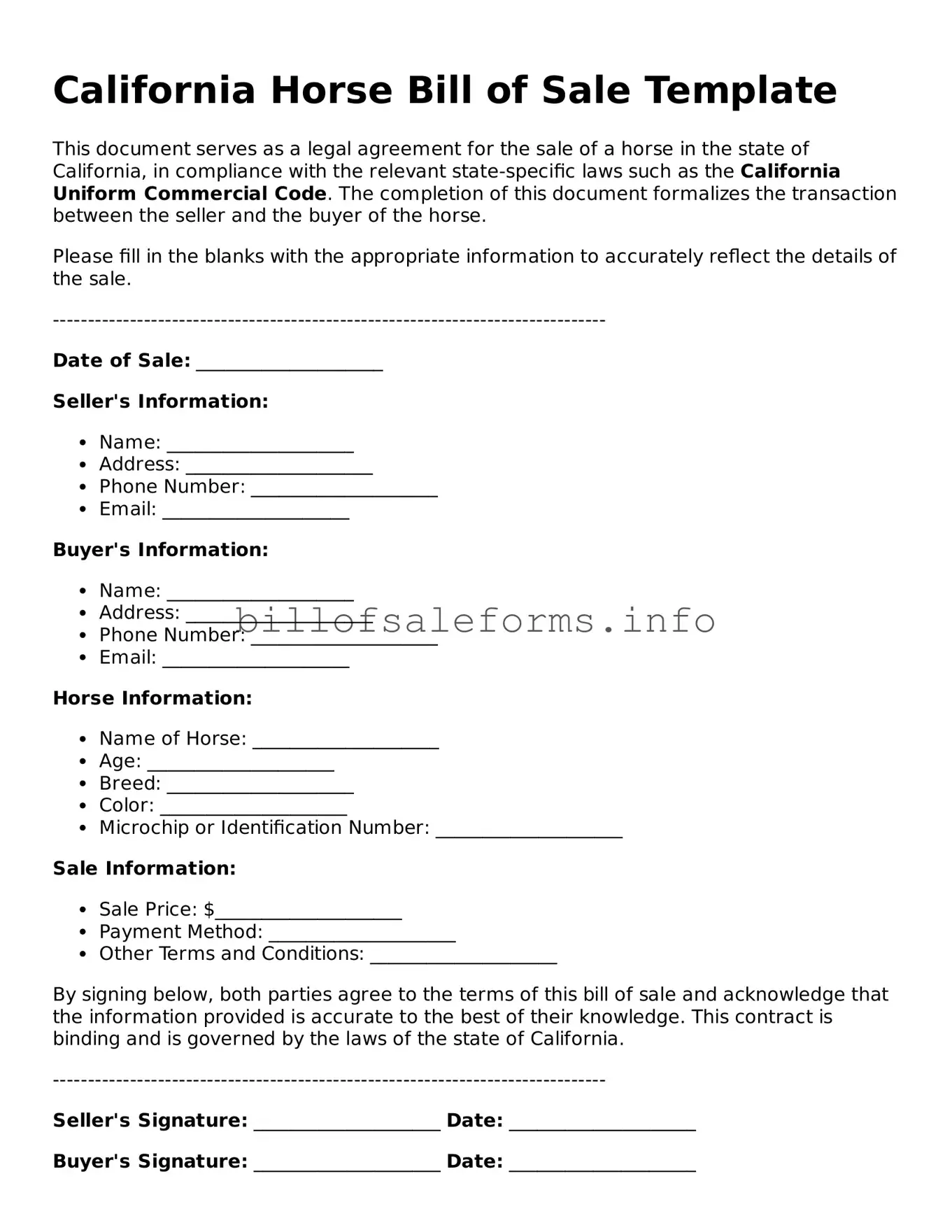 Legal Horse Bill of Sale Form for California State