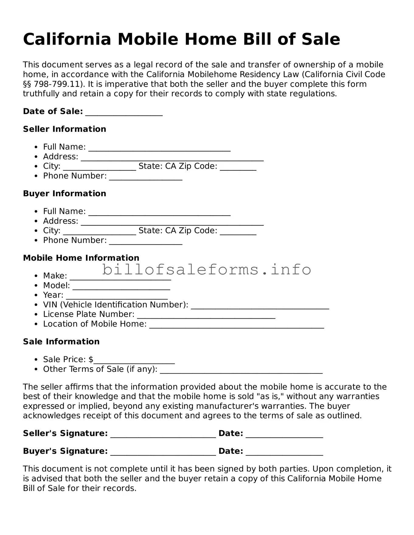 Legal Mobile Home Bill of Sale Form for California State