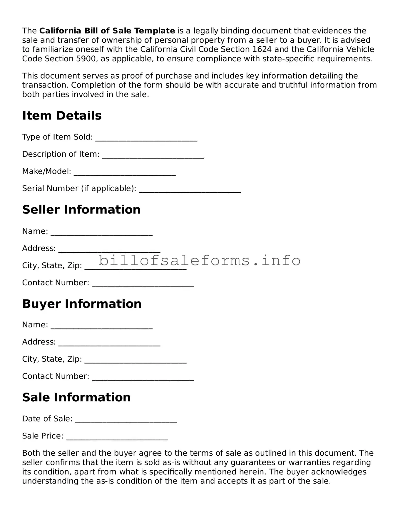 Legal Bill of Sale Form for California State