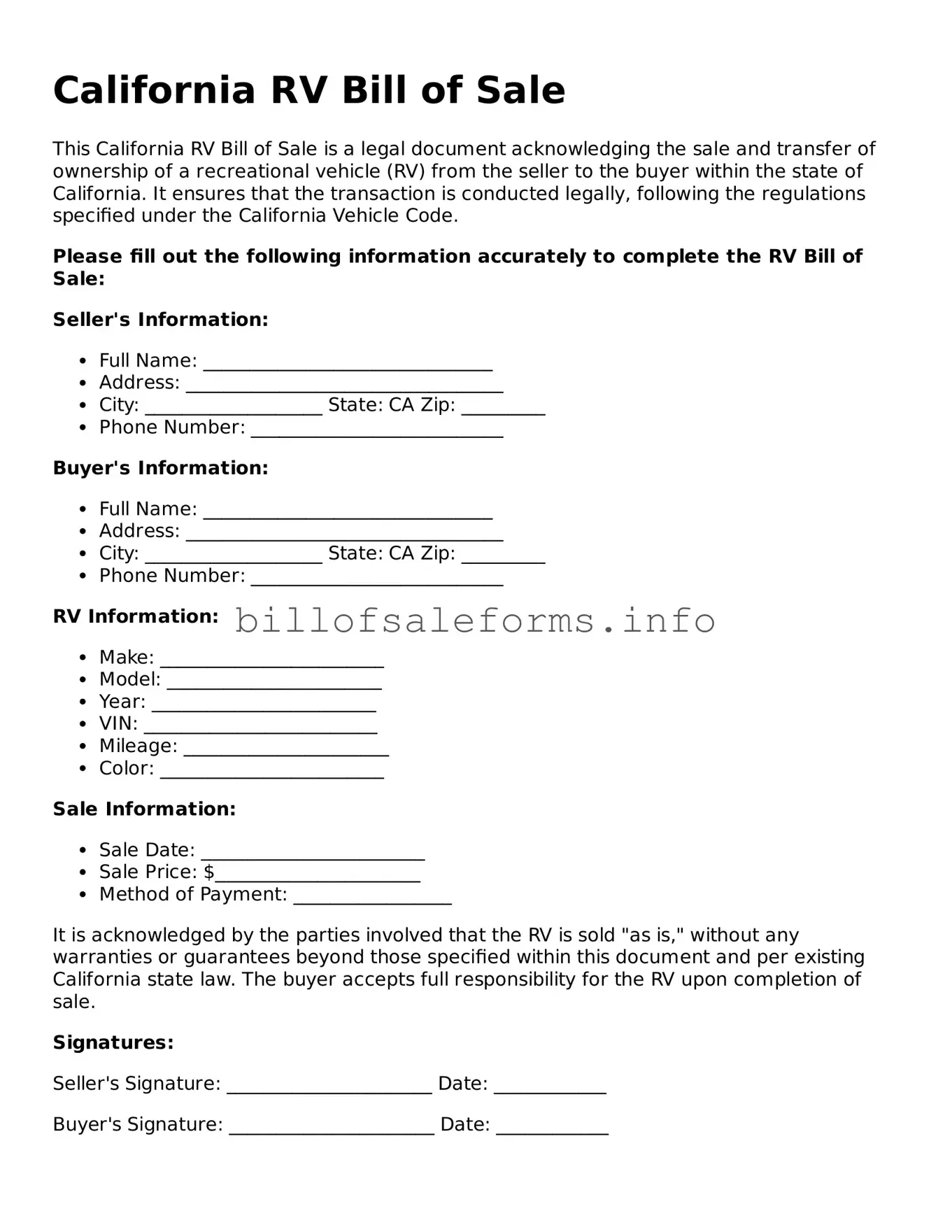 Legal RV Bill of Sale Form for California State