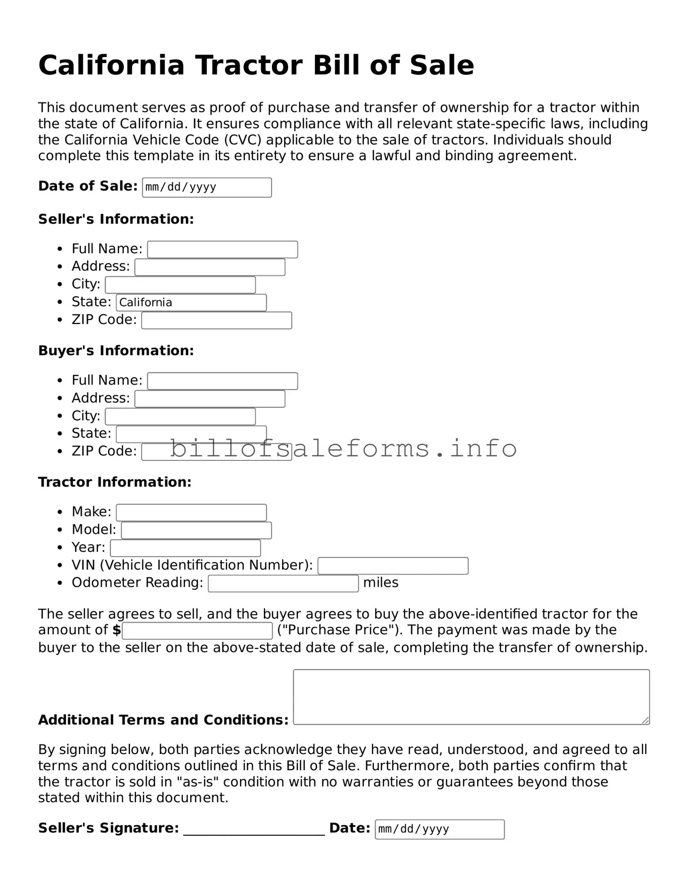Legal Tractor Bill of Sale Form for California State
