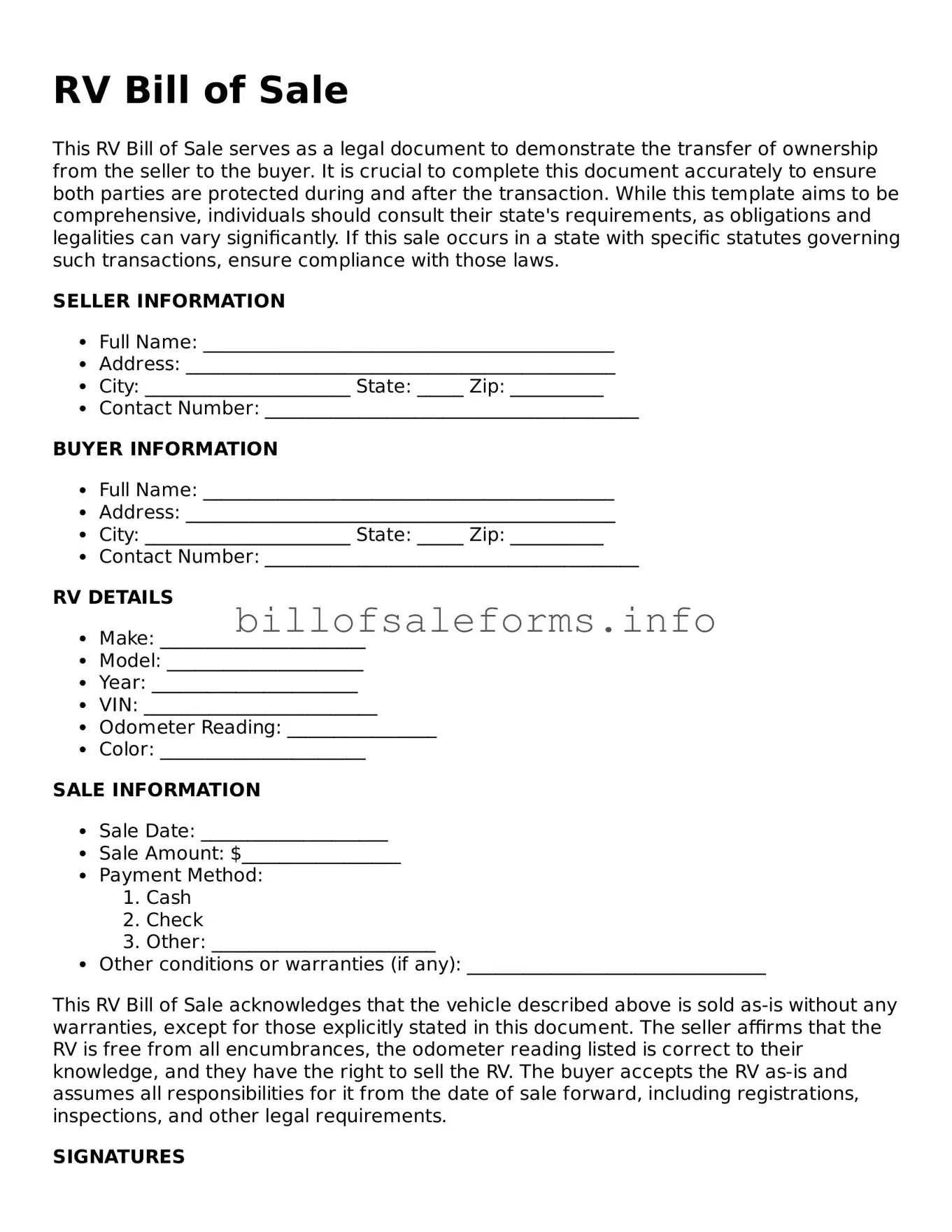 Printable RV Bill of Sale Template ⋆ Free Bill of Sale Forms
