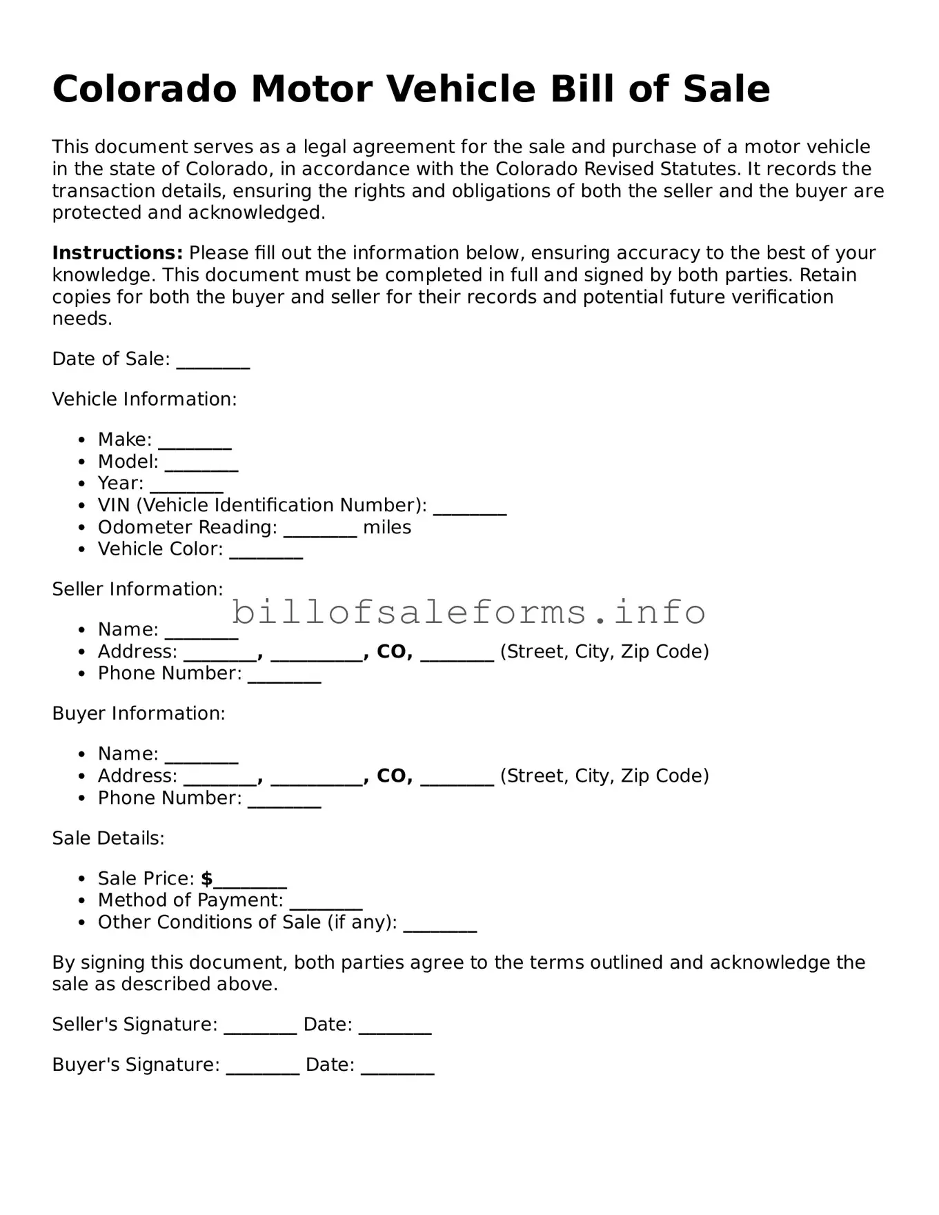 Legal Motor Vehicle Bill of Sale Form for Colorado State