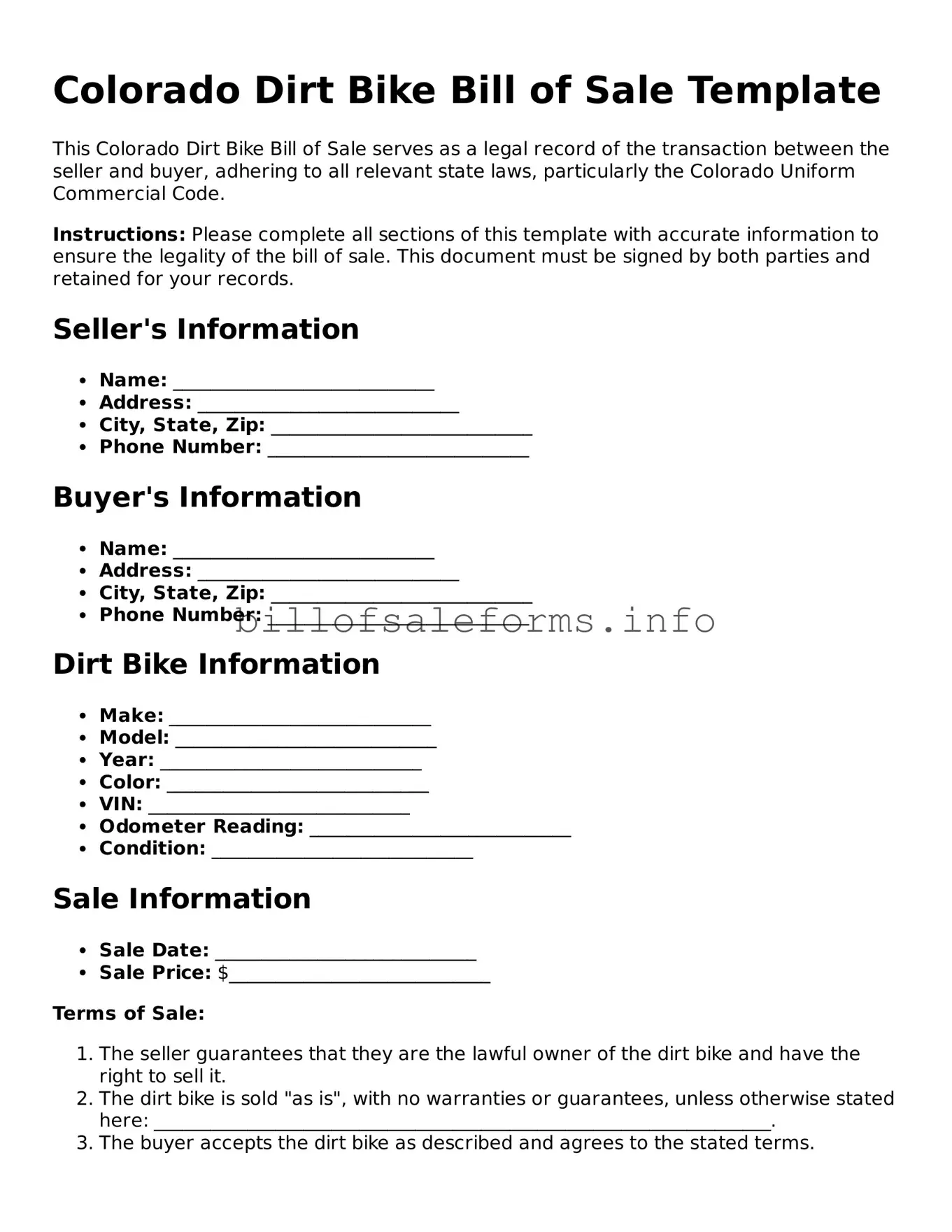 Legal Dirt Bike Bill of Sale Form for Colorado State