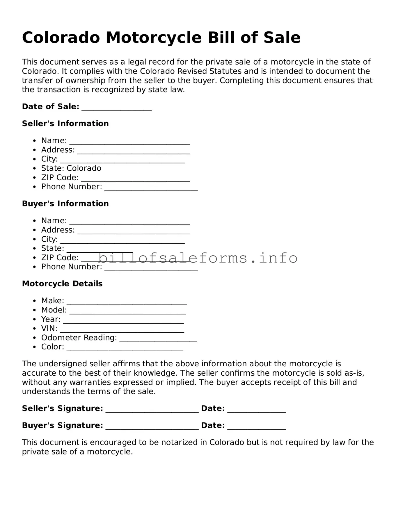 Legal Motorcycle Bill of Sale Form for Colorado State